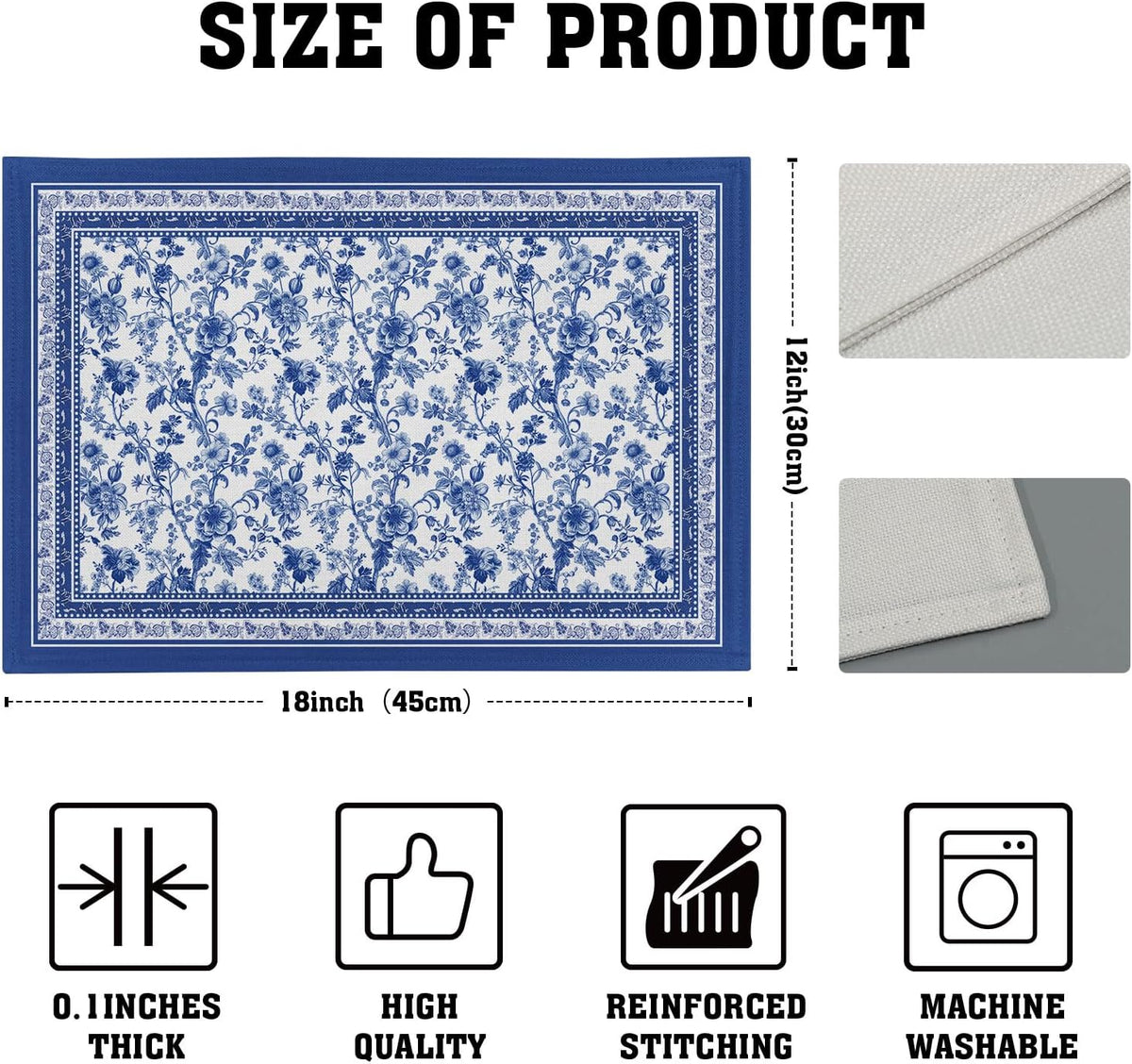 Blue Floral Branches Placemats Set of 4 ,12 x 18 Inch Chinoiserie Table Mats Washable Heat Resistant Linen Fabric Rectangle Place Mat for Indoor Outdoor Kitchen Dining Home Decor