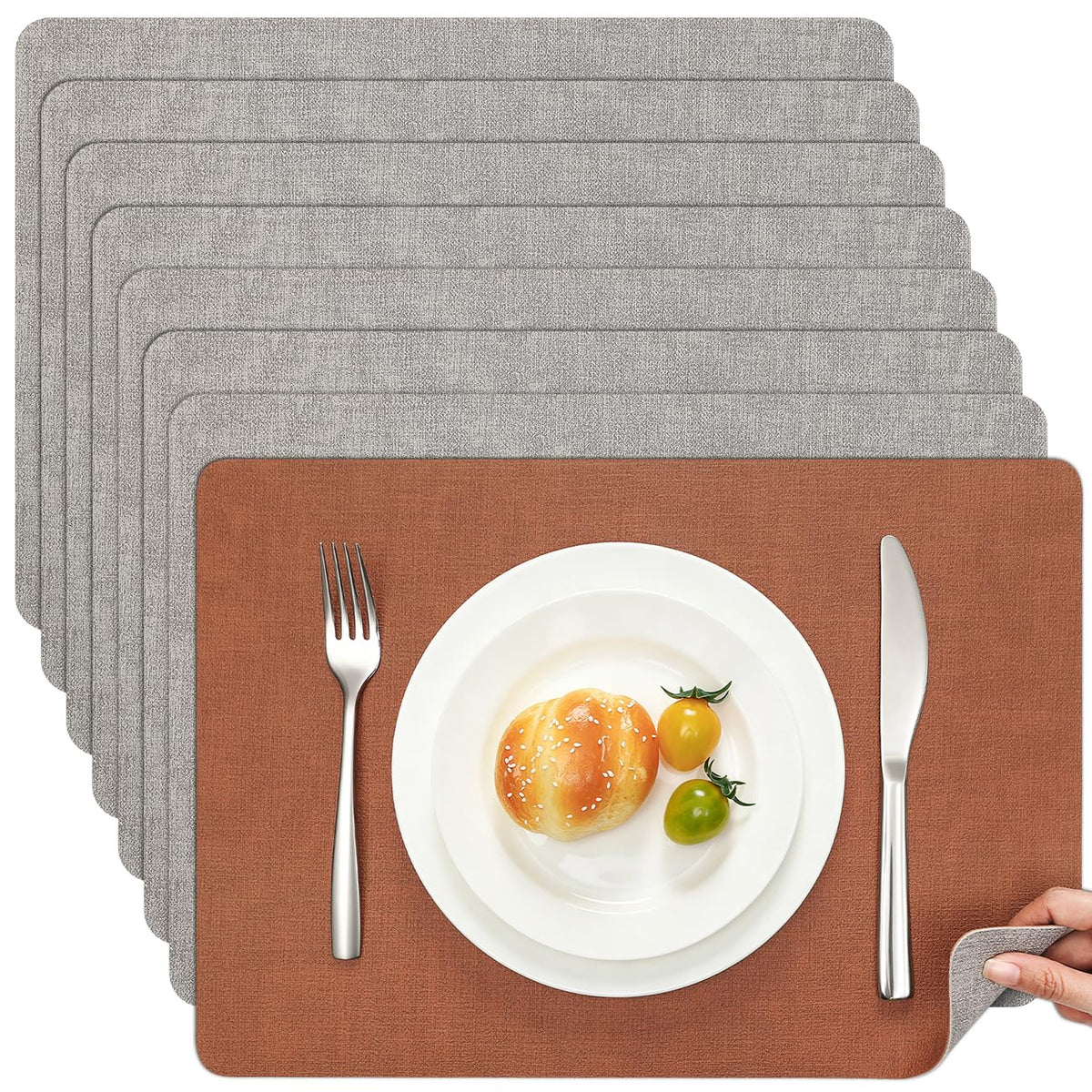 Myir JUN Faux Leather Placemats Set of 6, Reversible Dual-Color Place Mats