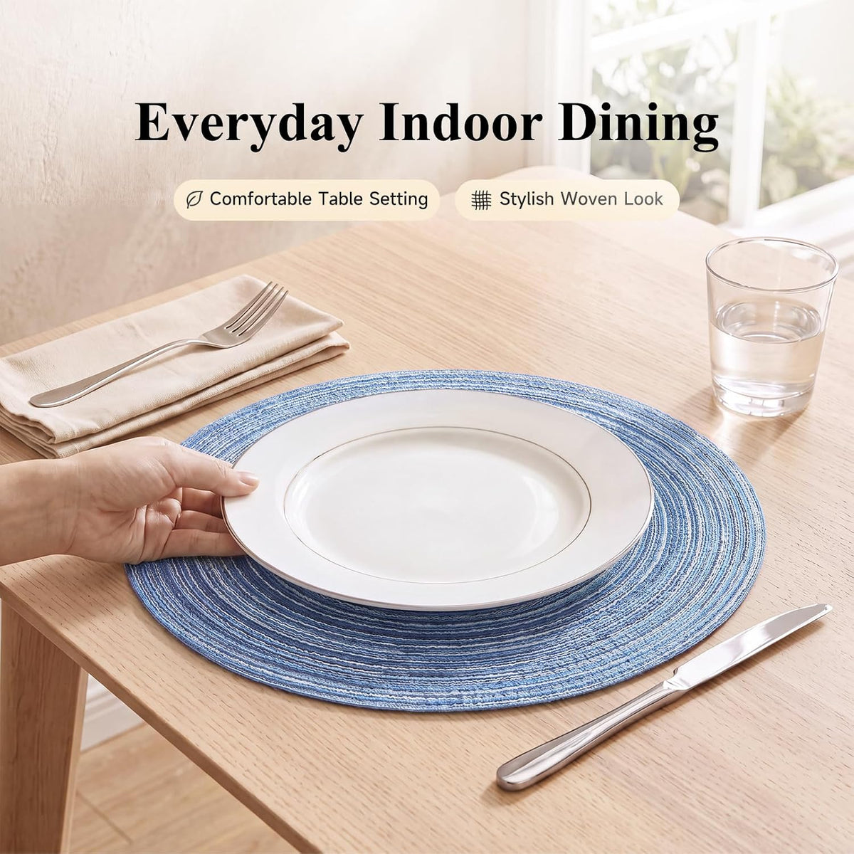 SHACOS Round Braided Placemats Set of 4 Dining Table Placemats 15 inch Circle Place Mats Easy to Clean Table Mats Indoor Outdoor, Blue Gray
