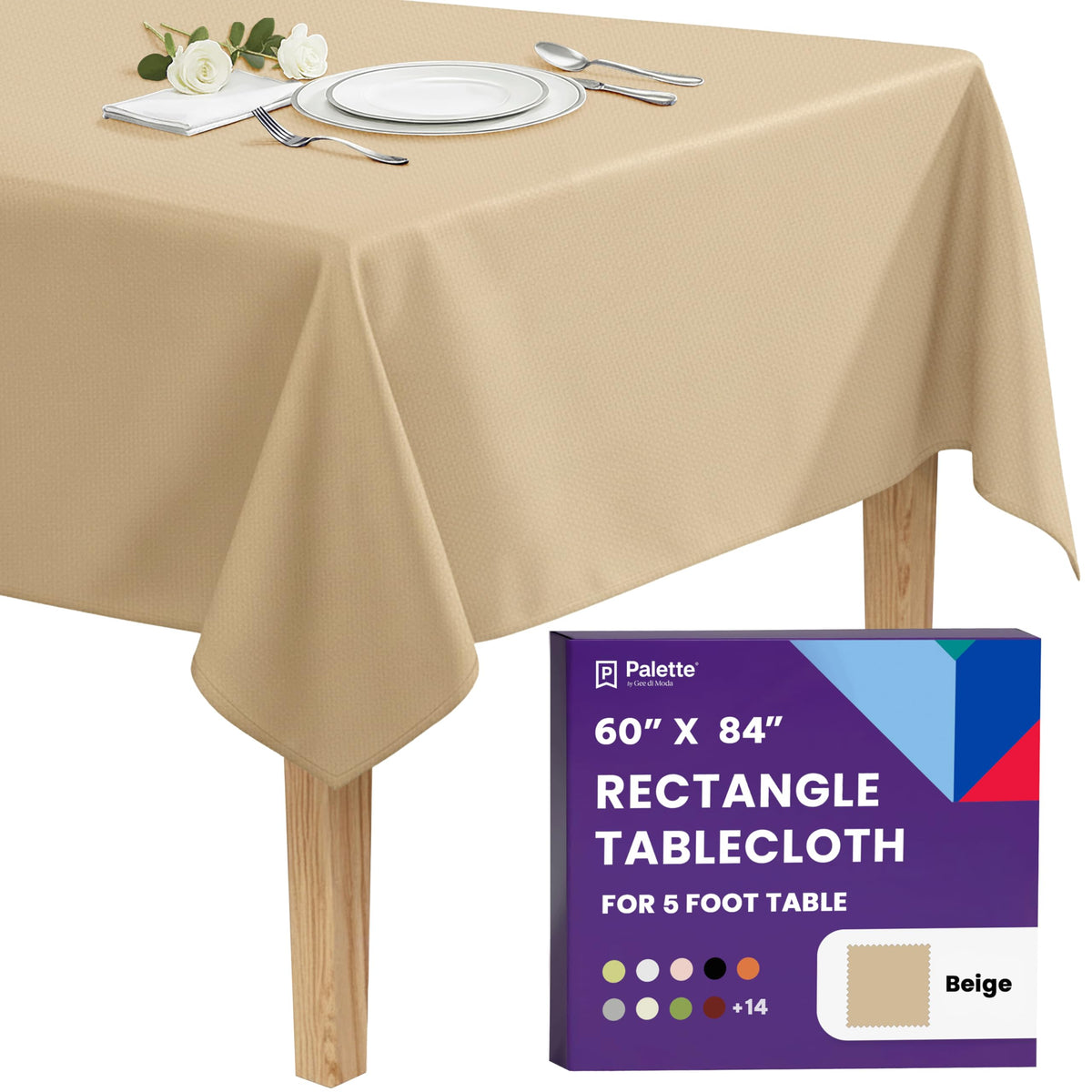Gee Di Moda Rectangle Tablecloth - 90 x 132 Inch Beige Table Cloth for 6 Foot Tables with Floor-Length Drop - Heavy Duty Washable Fabric for Holiday Party, Dinner, Weddings & Baby Shower