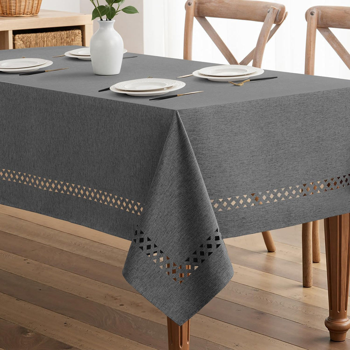 MIULEE Beige Rectangle Tablecloth with Decorative Cutouts 60x104 inch