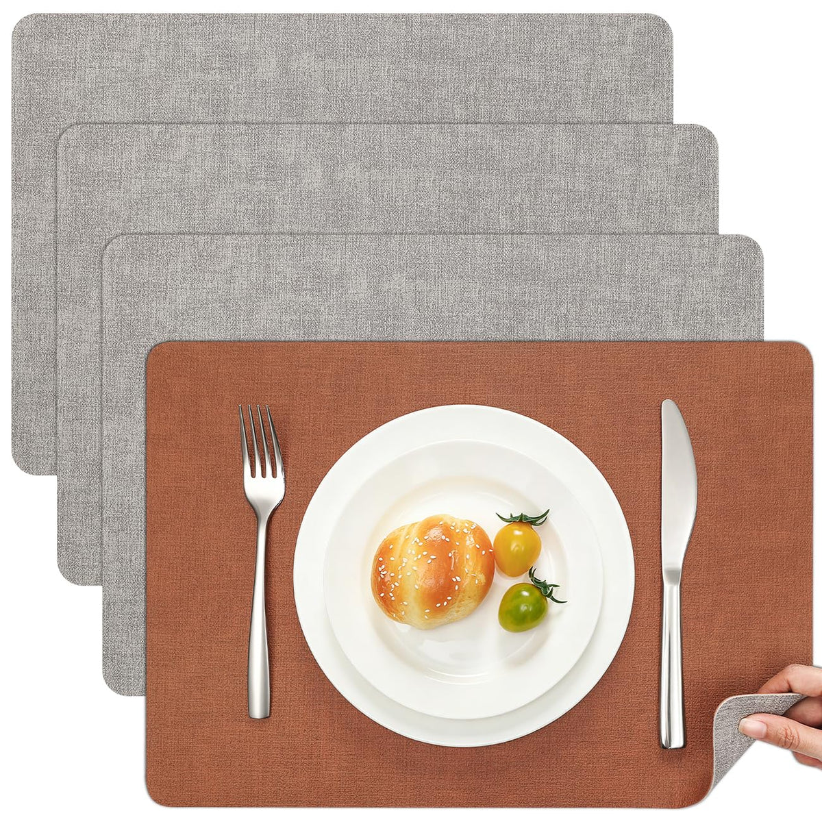 Myir JUN Faux Leather Placemats Set of 6, Reversible Dual-Color Place Mats