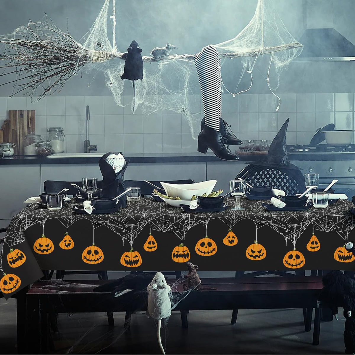 Bnejvif Halloween Tablecloth 60×84 Inch Rectangular,Spiderweb Pumpkin Washable Table Cover for Party Picnic Dinner Decor