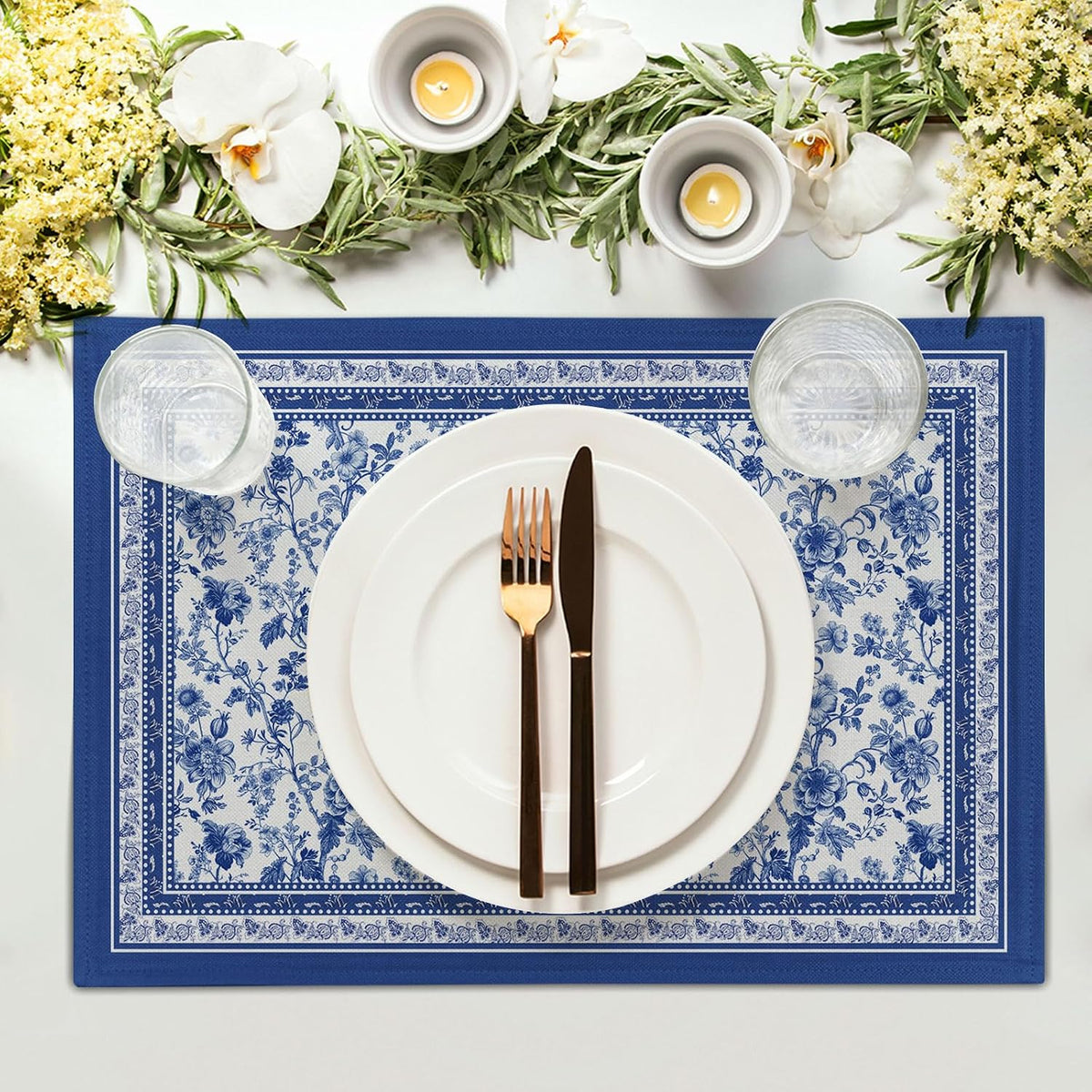 Blue Floral Branches Placemats Set of 4 ,12 x 18 Inch Chinoiserie Table Mats Washable Heat Resistant Linen Fabric Rectangle Place Mat for Indoor Outdoor Kitchen Dining Home Decor