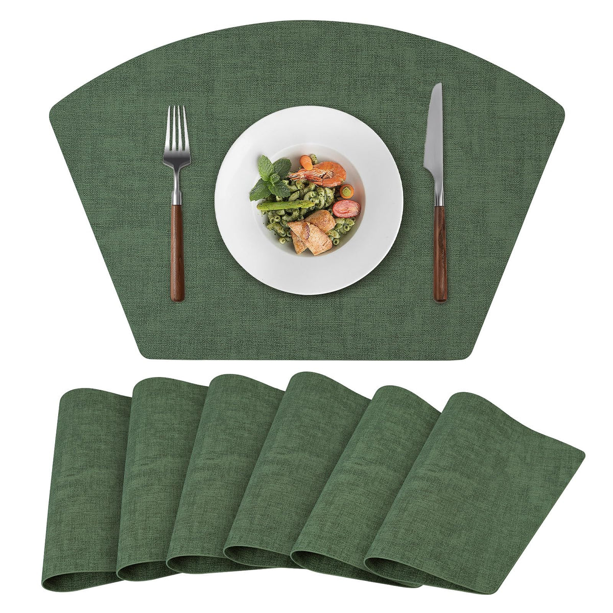 Round Table Placemats Set of 4, Faux Leather Wedge Place Mats, Green