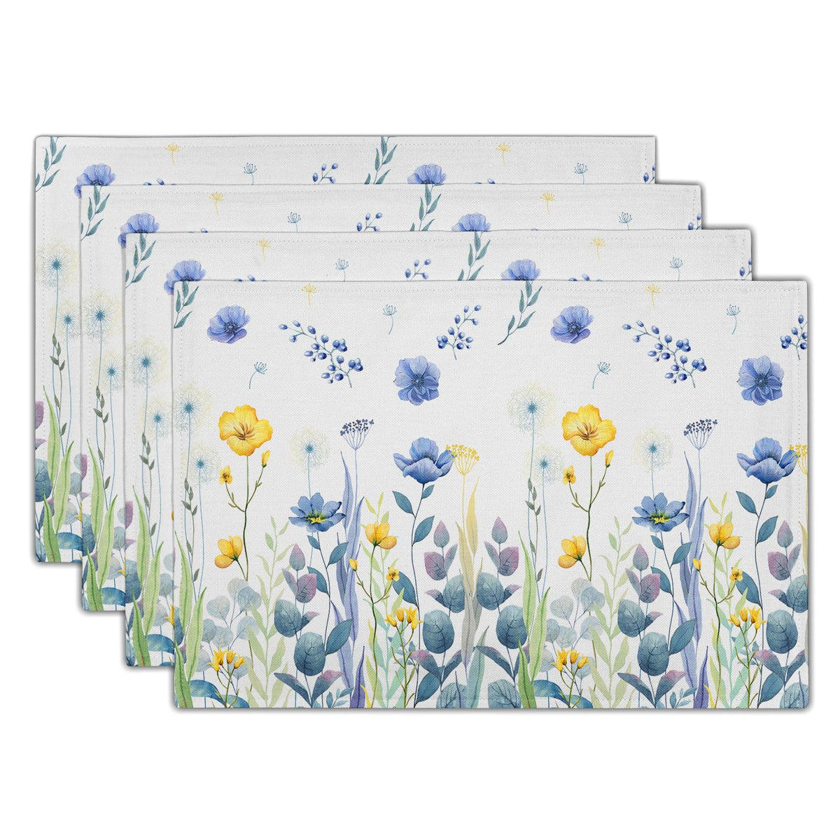 Blue Floral Branches Placemats Set of 4 ,12 x 18 Inch Chinoiserie Table Mats Washable Heat Resistant Linen Fabric Rectangle Place Mat for Indoor Outdoor Kitchen Dining Home Decor