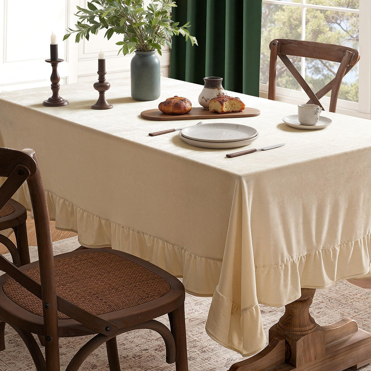 MIULEE Velvet Tablecloth with Decorative Ruffle 60x120 Inch Beige