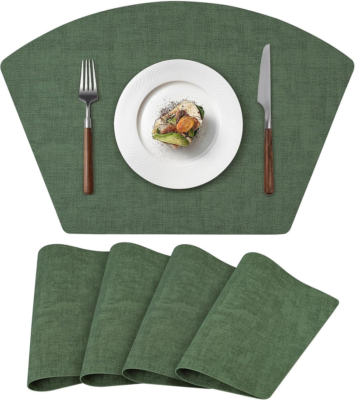 Round Table Placemats Set of 4, Faux Leather Wedge Place Mats, Green
