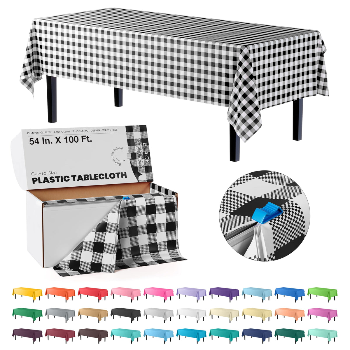 Party Solids 54 Inch X 300 Feet White Plastic Table Cover Roll in A Cut - to - Size Box with Convenient Slide Cutter. Cuts Up to 36 Rectangle 8 Feet Plastic Disposable Tablecloths