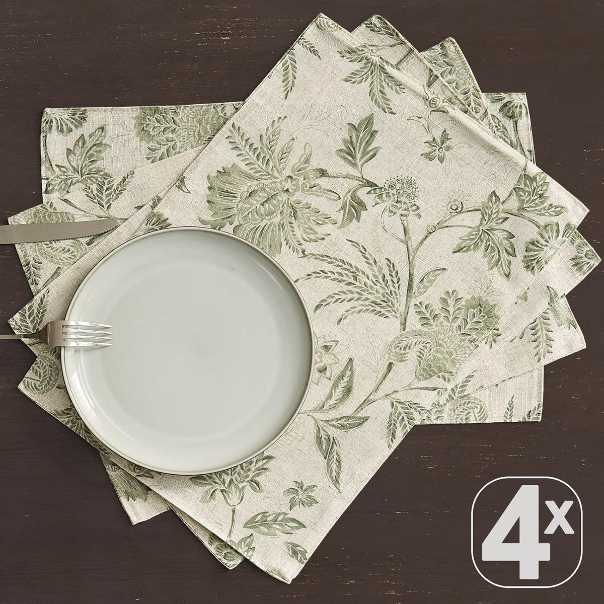 JINCHAN Sliva Linen Floral Placemats Set of 4 Farmhouse 13x19 Sage Green