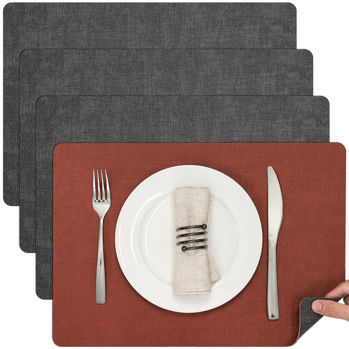 Myir JUN Faux Leather Placemats Set of 6, Reversible Dual-Color Place Mats