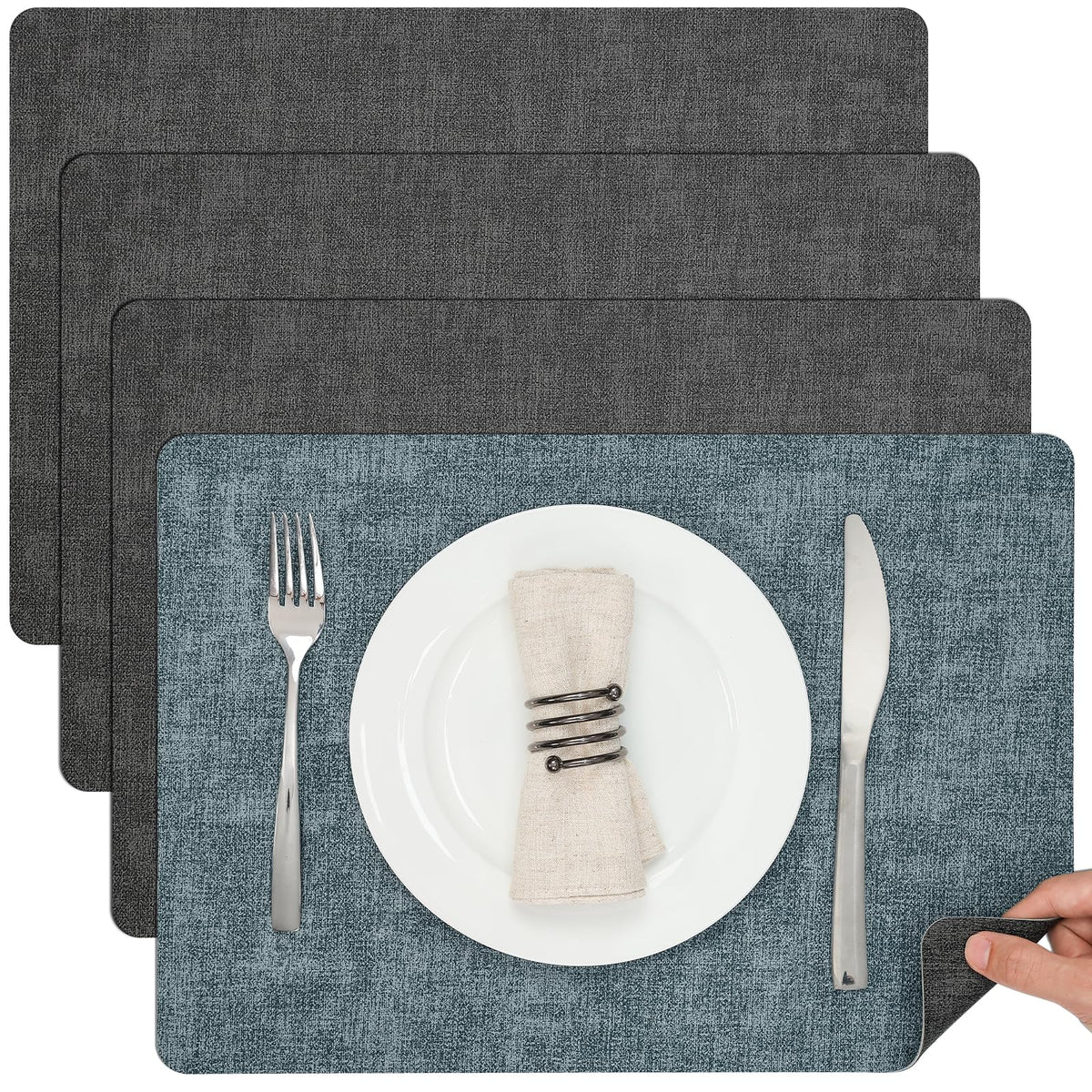 Myir JUN Faux Leather Placemats Set of 6, Reversible Dual-Color Place Mats