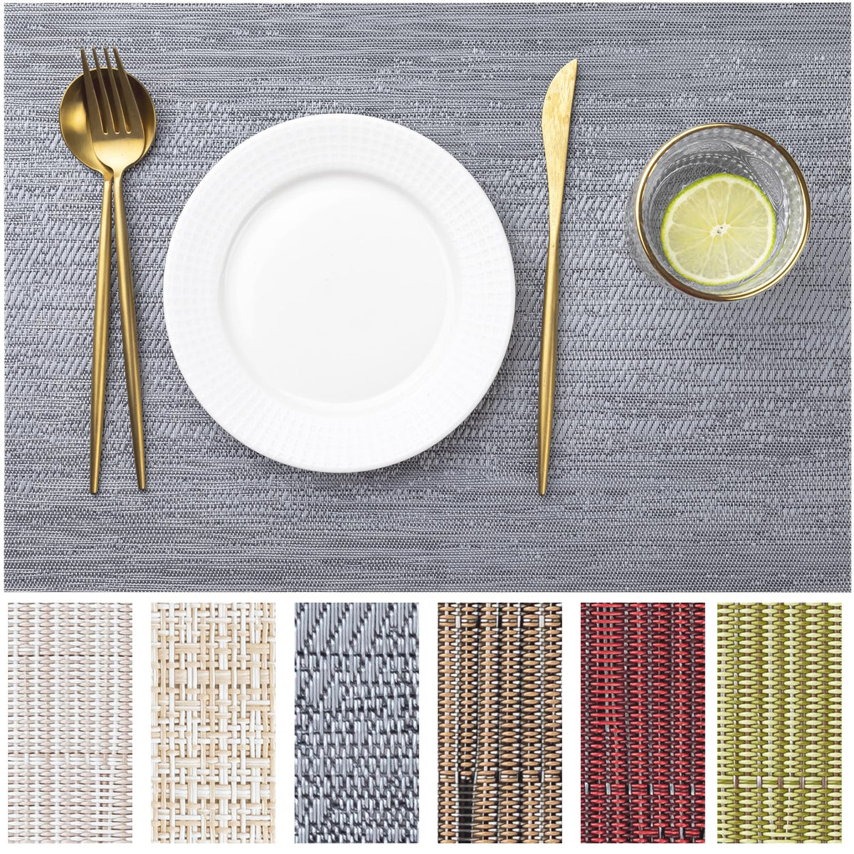 LEXMORE Placemats Set of 4 Vinyl/Plastic Woven Place Mats for Kitchen Table Indoor/Outdoor Washable Placemat Wipeable Dining Table Mats(Gray)