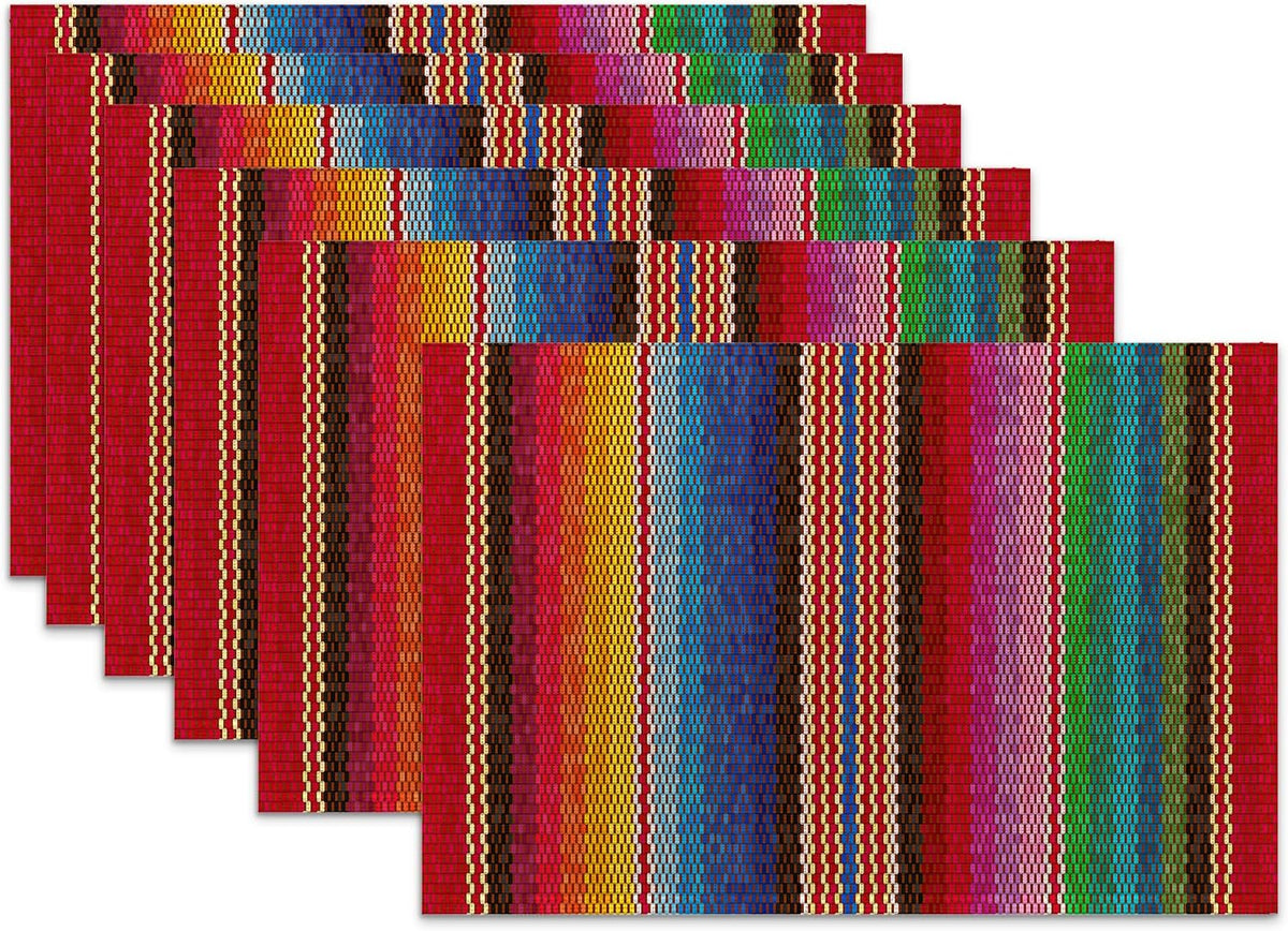 Mexican Placemats for Dining Table Set of 6,Ethnic Stripes Rainbow Place Mats for Home Party Kitchen Indoor Holiday Rustic Washable Heat Resistant Table Mats 12 x 18 Inch