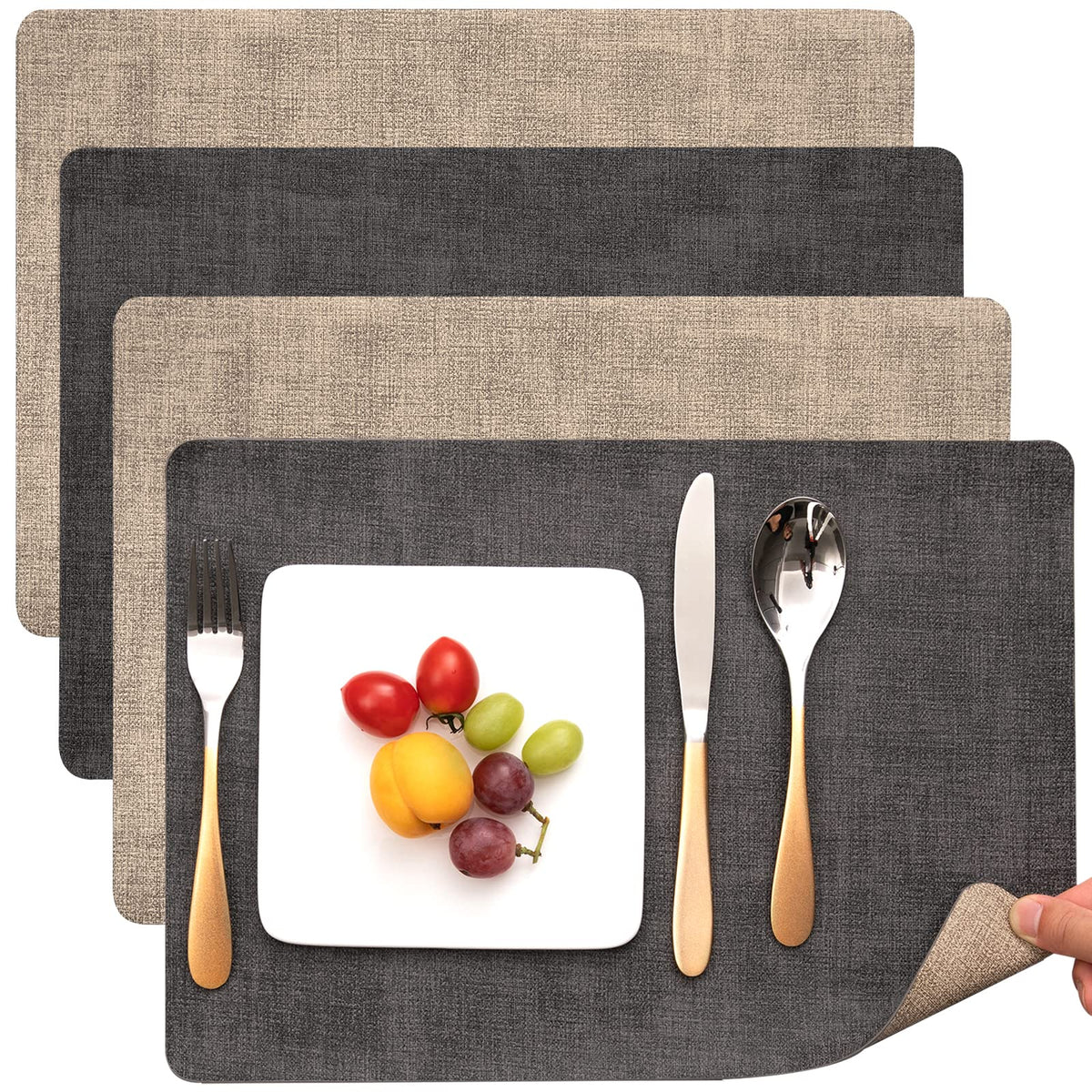 Myir JUN Faux Leather Placemats Set of 6, Reversible Dual-Color Place Mats