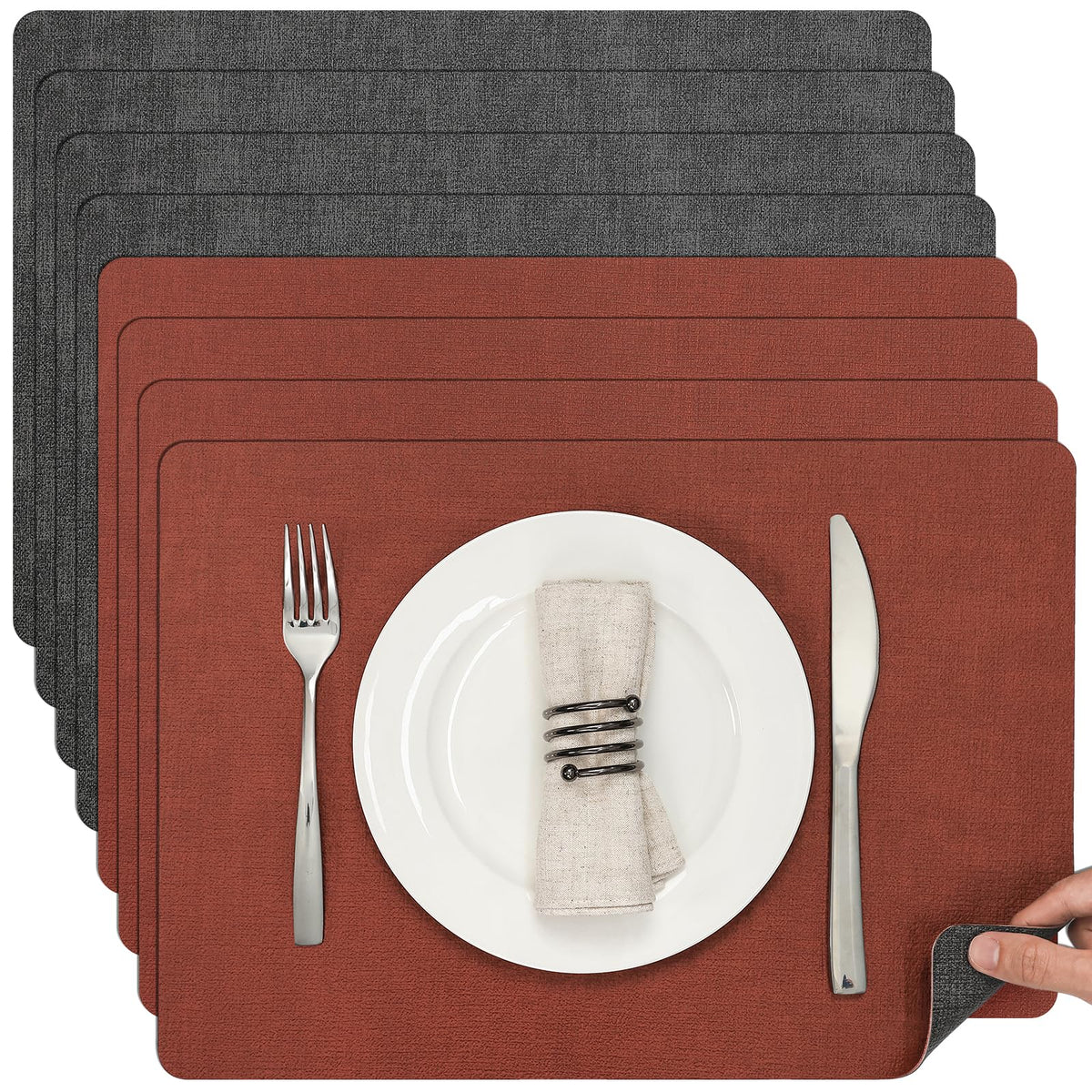 Myir JUN Faux Leather Placemats Set of 6, Reversible Dual-Color Place Mats