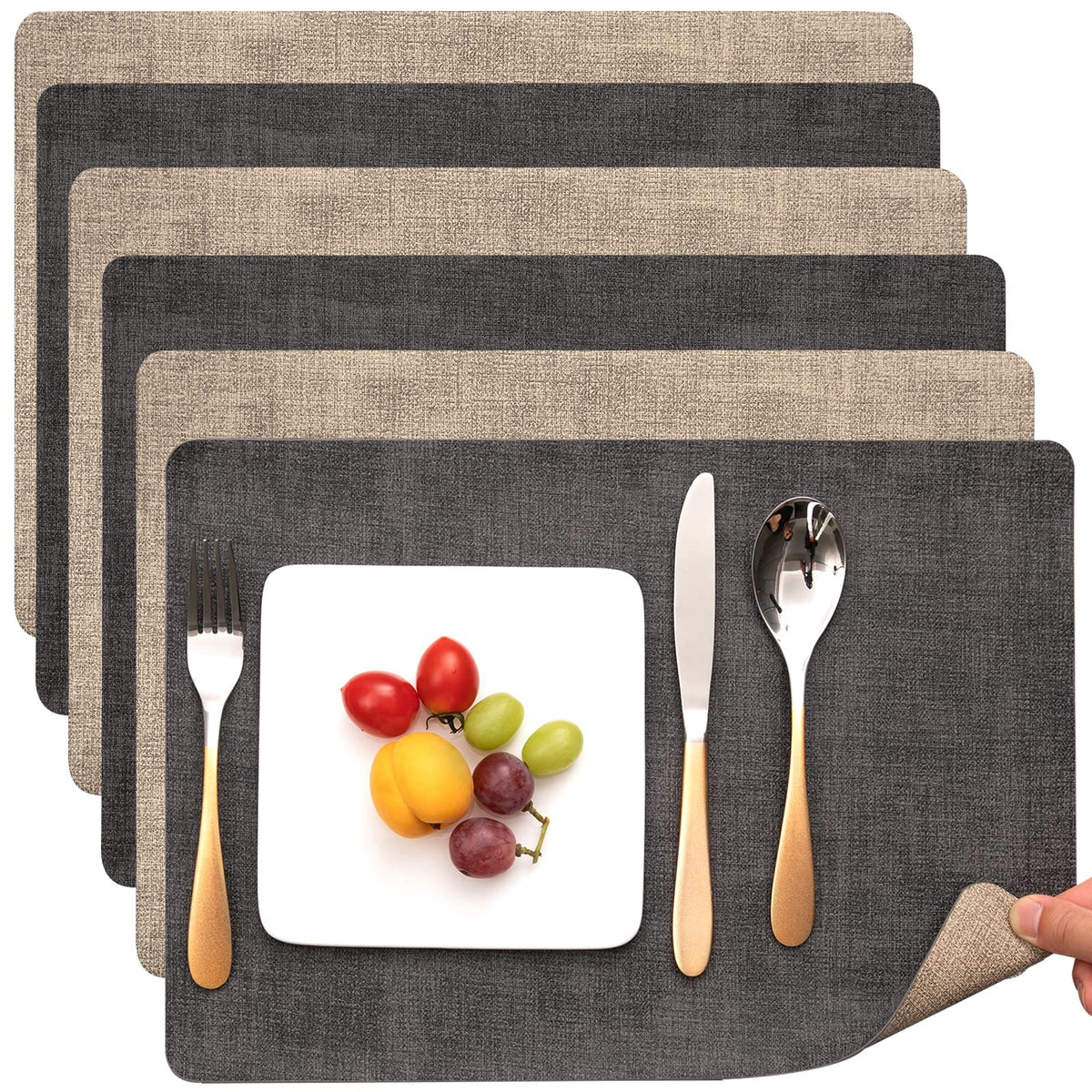 Myir JUN Faux Leather Placemats Set of 6, Reversible Dual-Color Place Mats