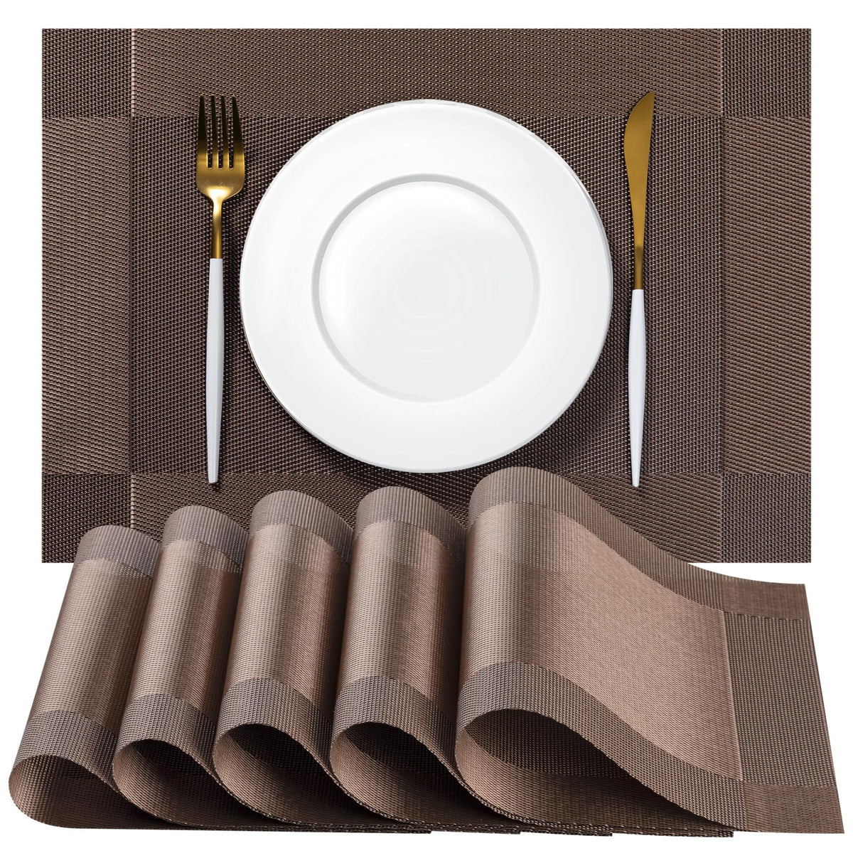 Placemats Set of 4 - Easy Clean Woven Vinyl Placemats for Dining Table, Indoor/Outdoor Place Mats, Washable PVC Table Mats(Caramel)
