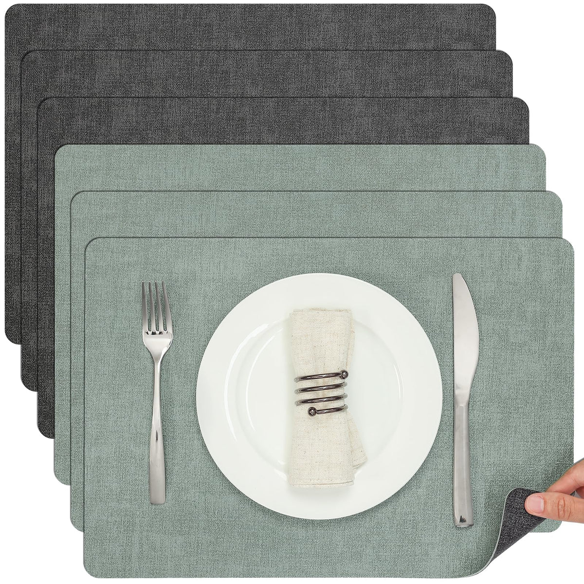 Myir JUN Faux Leather Placemats Set of 6, Reversible Dual-Color Place Mats
