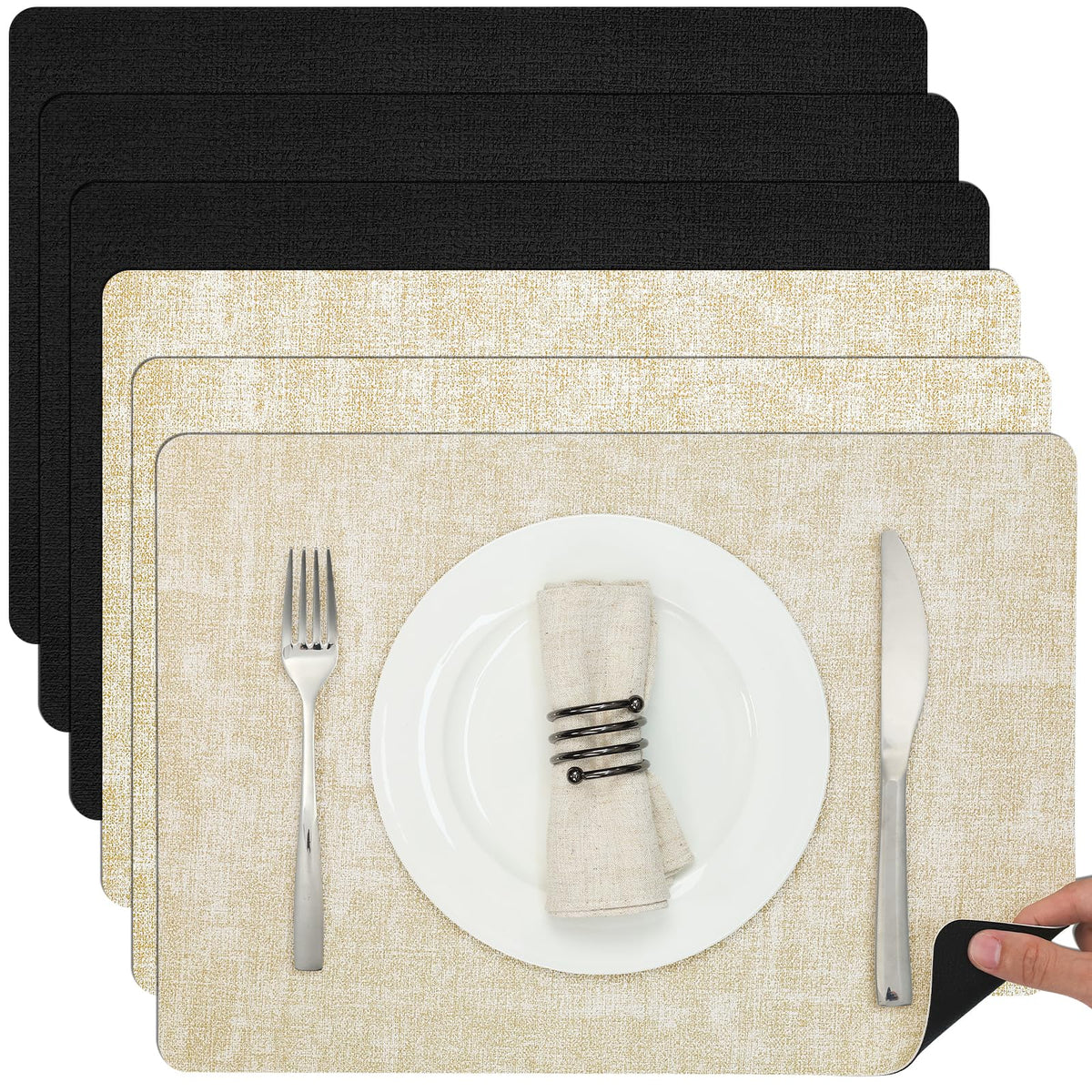 Myir JUN Faux Leather Placemats Set of 6, Reversible Dual-Color Place Mats