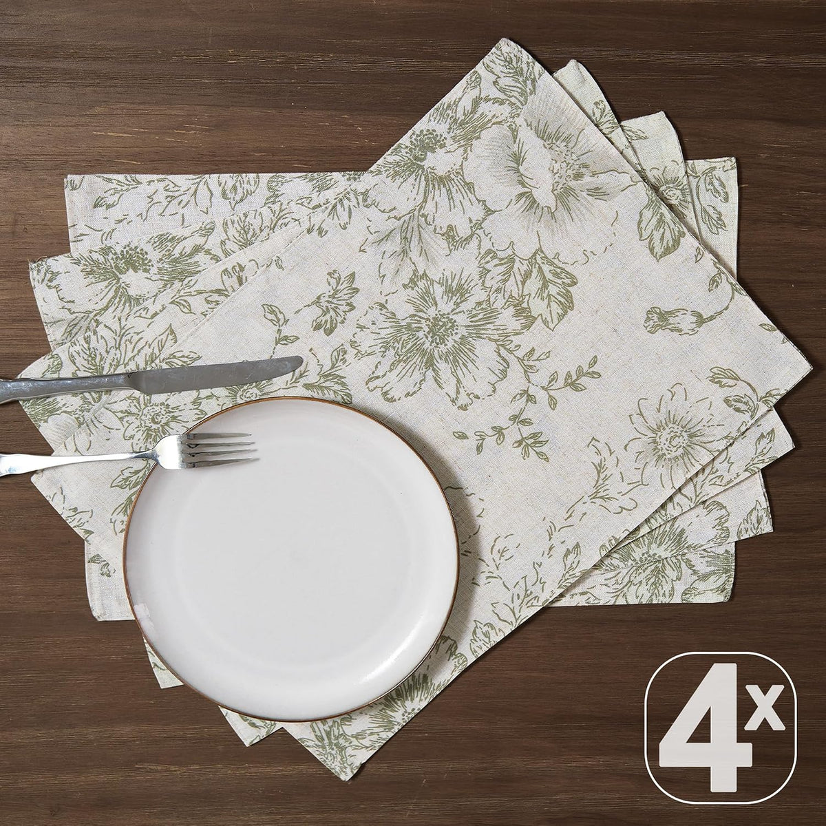 JINCHAN Alice Linen Floral Placemats Set of 4 Farmhouse 13x19 Inch Green