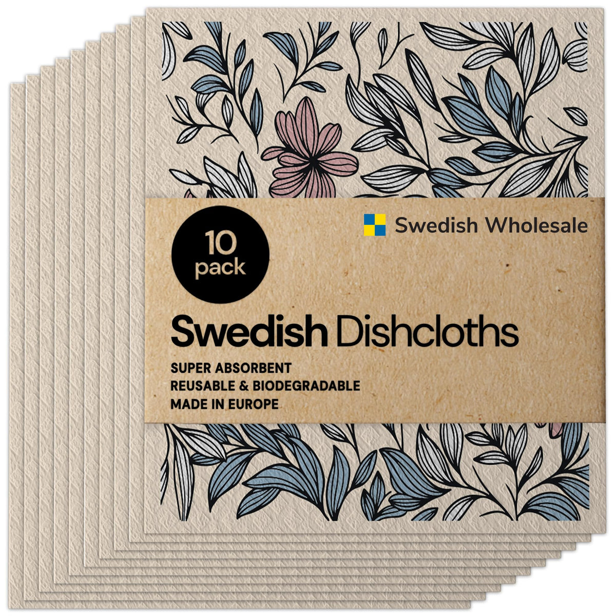 Swedish Wholesale Dishcloths Reusable 8" x 7" Sponge Cloths, Bulk 10 Pack of High Absorbent Cellulose Dish & Kitchen Cleaning Hand Towels, Wring to Dry & Machine Wash, Odor Resistant, Grey