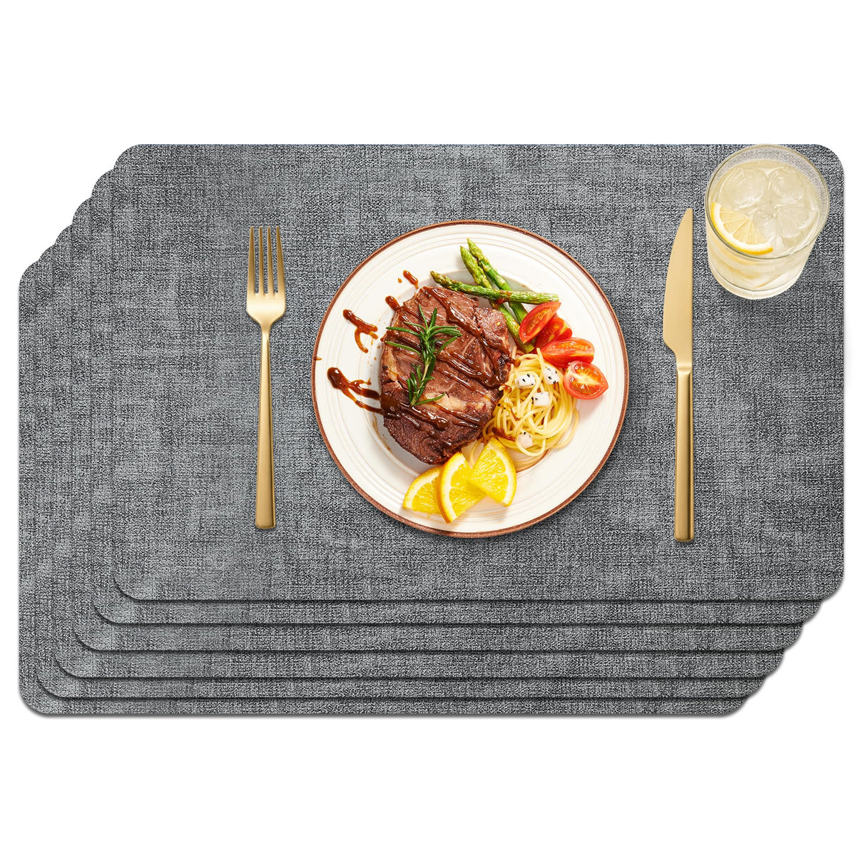 Maxpearl Faux Leather Placemats Set of 6, Easy to Clean, Grey