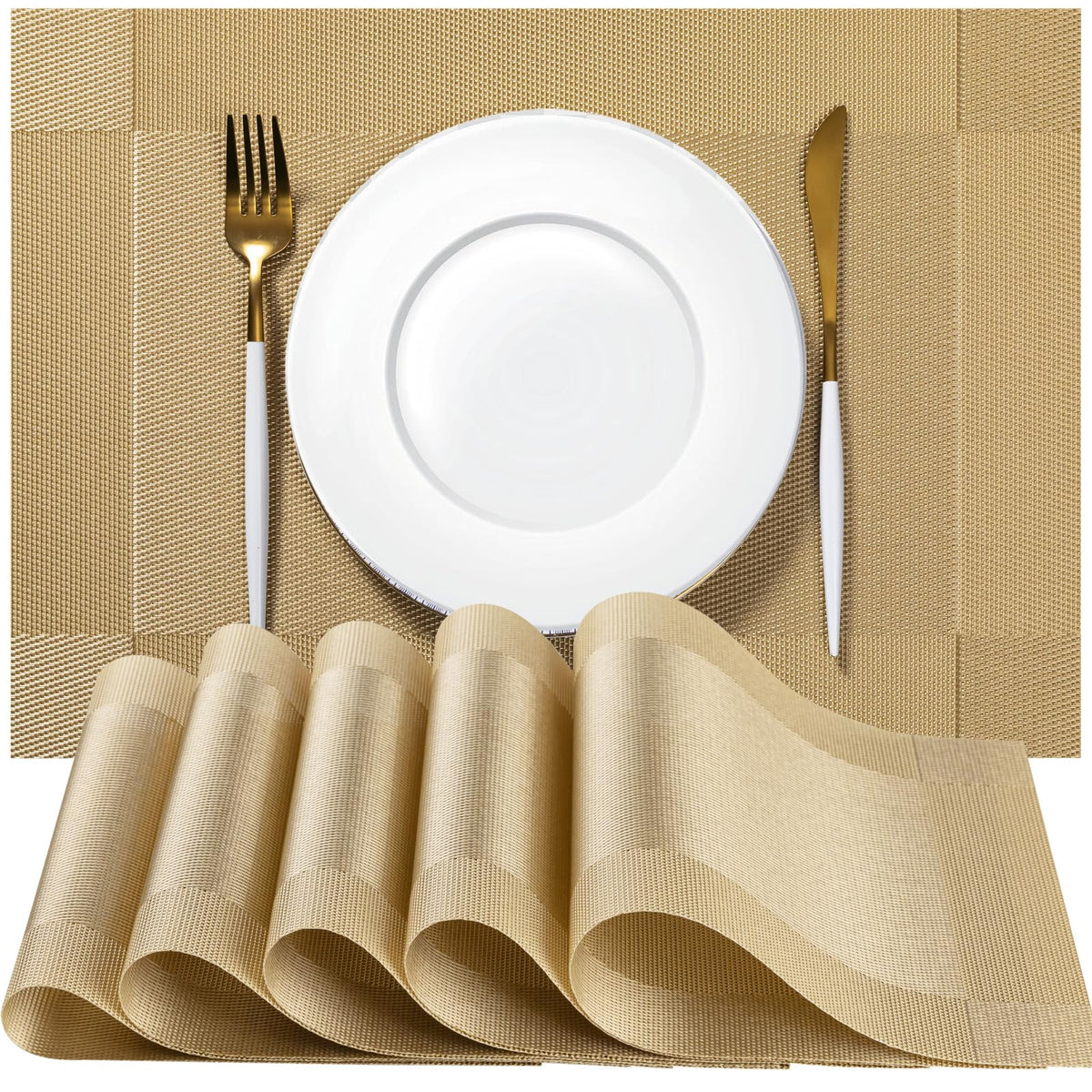 Placemats Set of 4 - Easy Clean Woven Vinyl Placemats for Dining Table, Indoor/Outdoor Place Mats, Washable PVC Table Mats(Caramel)