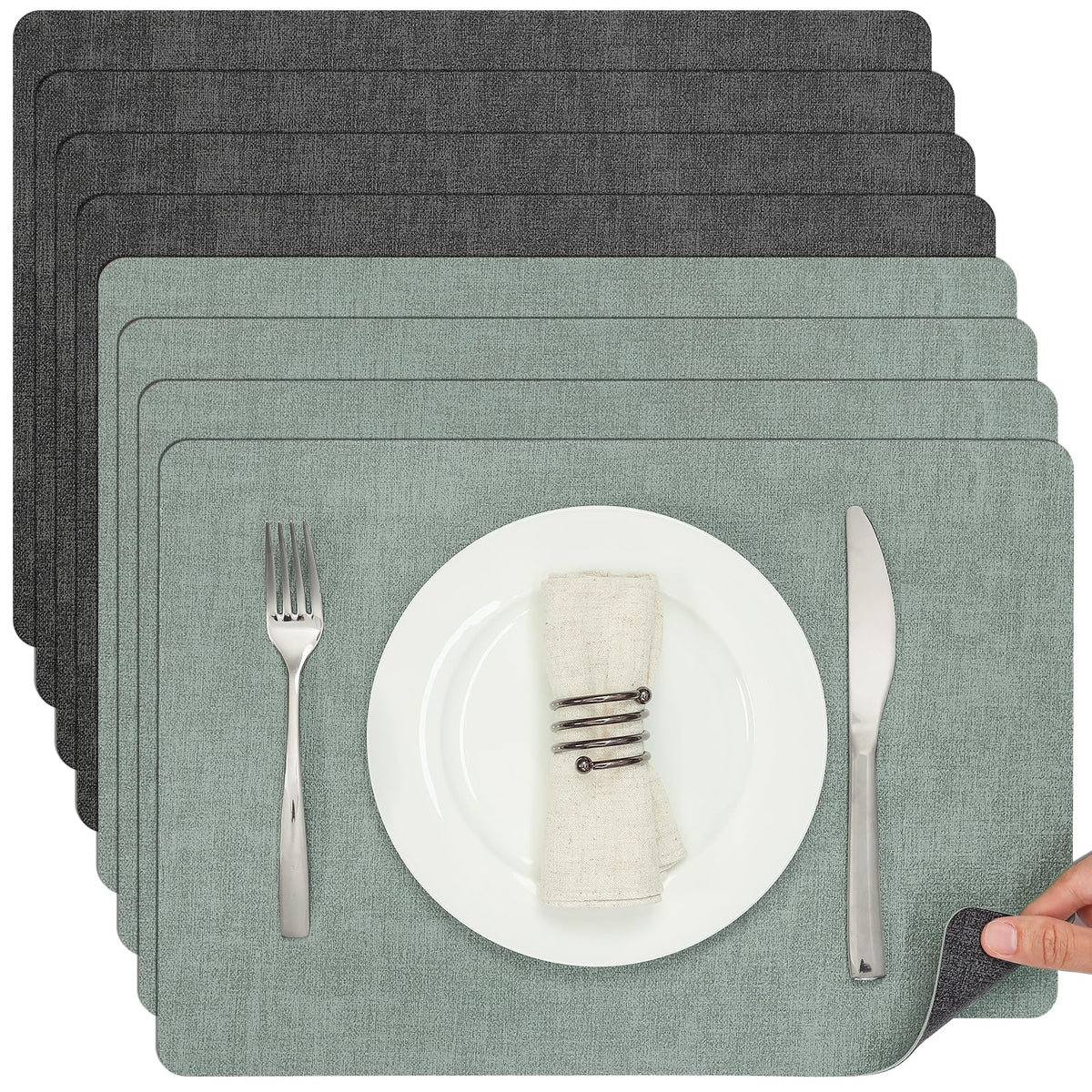 Myir JUN Faux Leather Placemats Set of 6, Reversible Dual-Color Place Mats