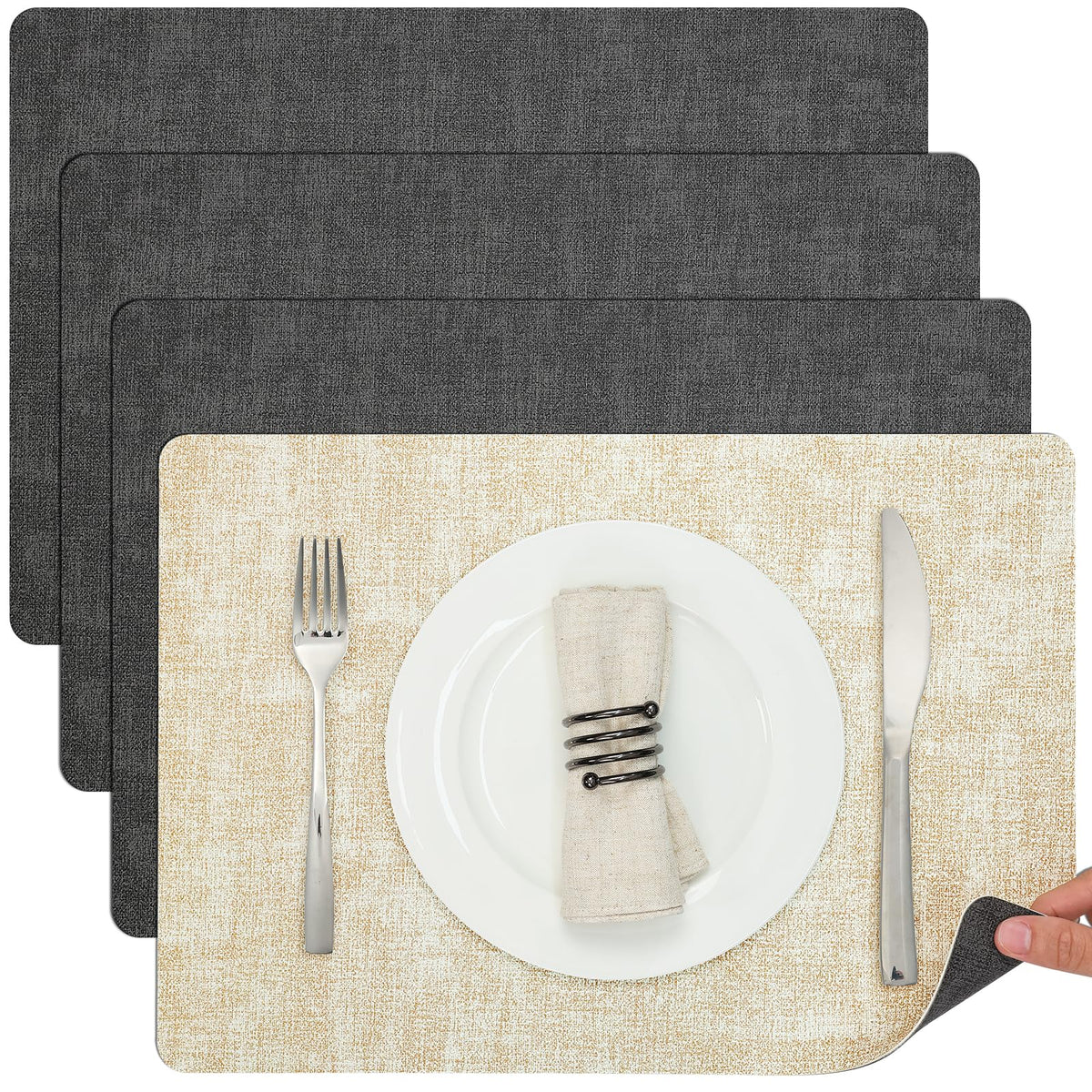 Myir JUN Faux Leather Placemats Set of 6, Reversible Dual-Color Place Mats