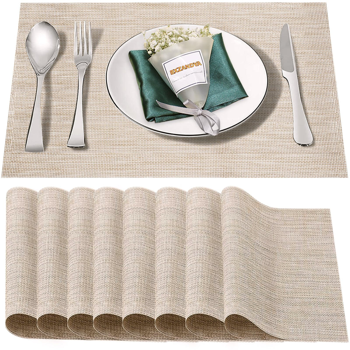 Beige Vinyl Placemats Set of 8,Washable Dining PVC Table Mats