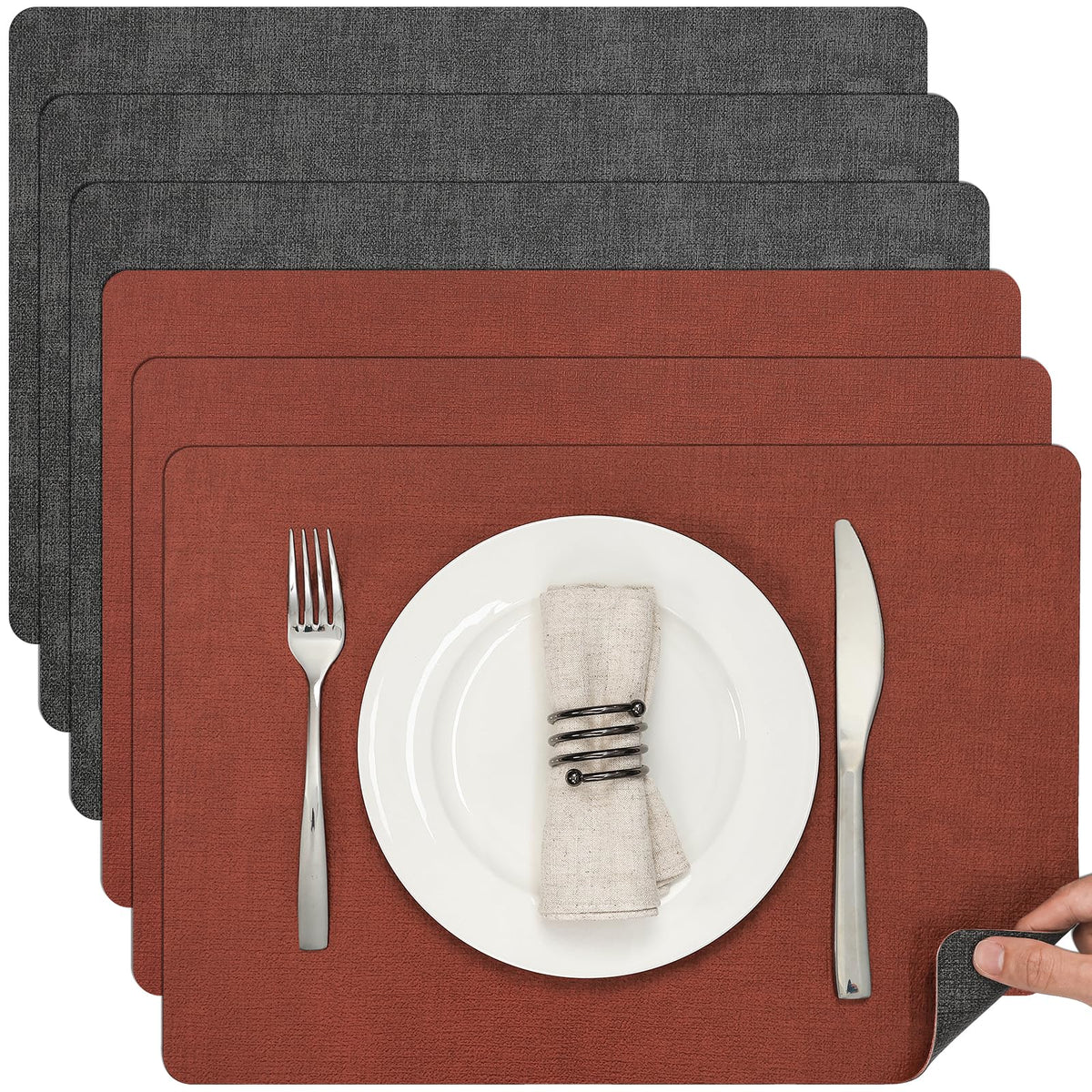 Myir JUN Faux Leather Placemats Set of 6, Reversible Dual-Color Place Mats