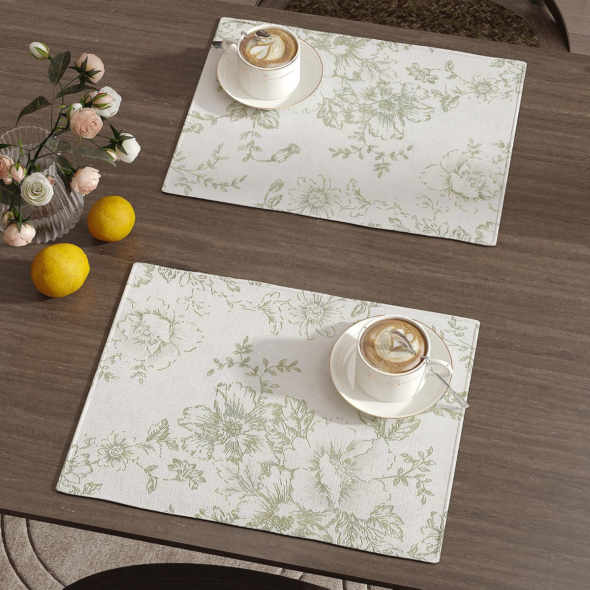 JINCHAN Alice Linen Floral Placemats Set of 4 Farmhouse 13x19 Inch Green