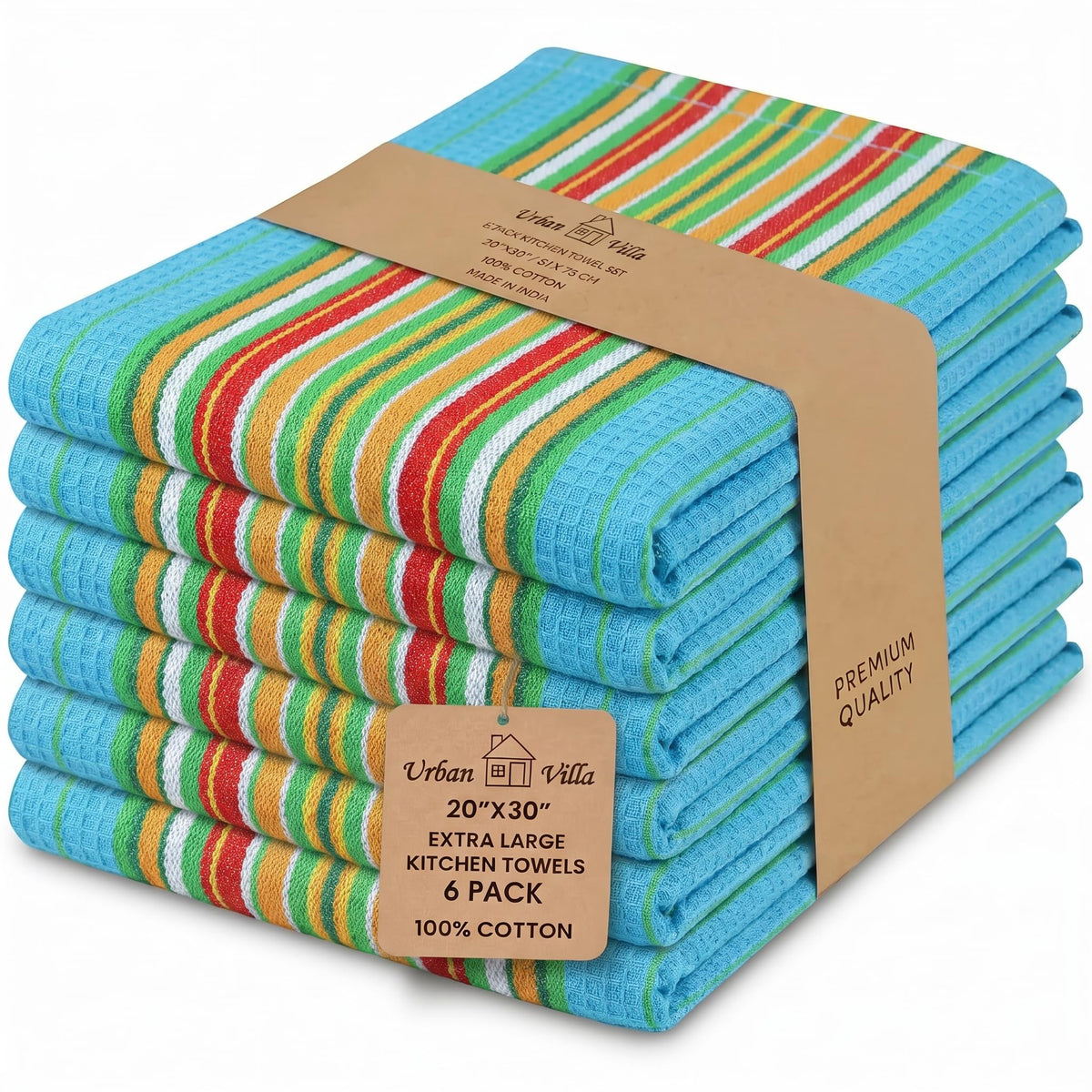 Urban Villa Kitchen Towels 100% Cotton Dish Towels for Kitchen (Set of 6) 20”x30” Dish Cloths Highly Absorbent Kitchen Linen Set with Hanging Loop Perfect for Drying Dishes Cleaning Towels-Blue White