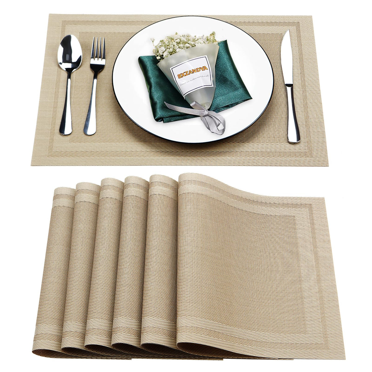 Beige Vinyl Placemats Set of 8,Washable Dining PVC Table Mats