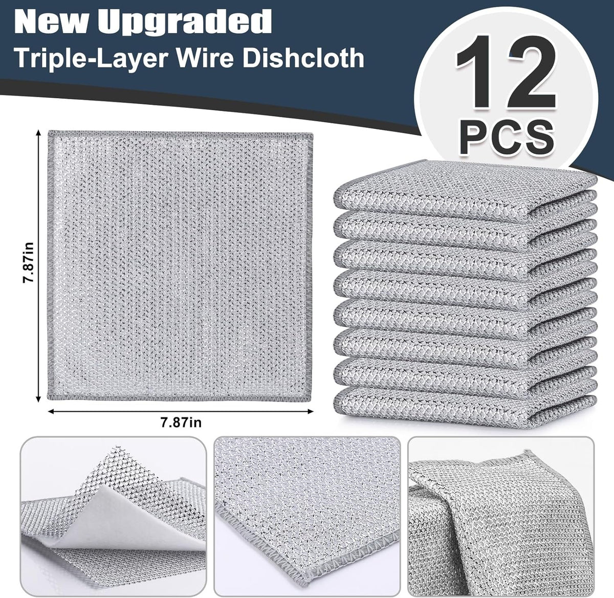 Navona 12 Pcs New Upgrade Steel Wire Dishcloth,Triple-Layer Steel Wire Cleaning Cloth,Powerful Cleaning Non-Scratch Wire Dishcloth Rag for Cookware, Sinks, Dishes, Stove Tops