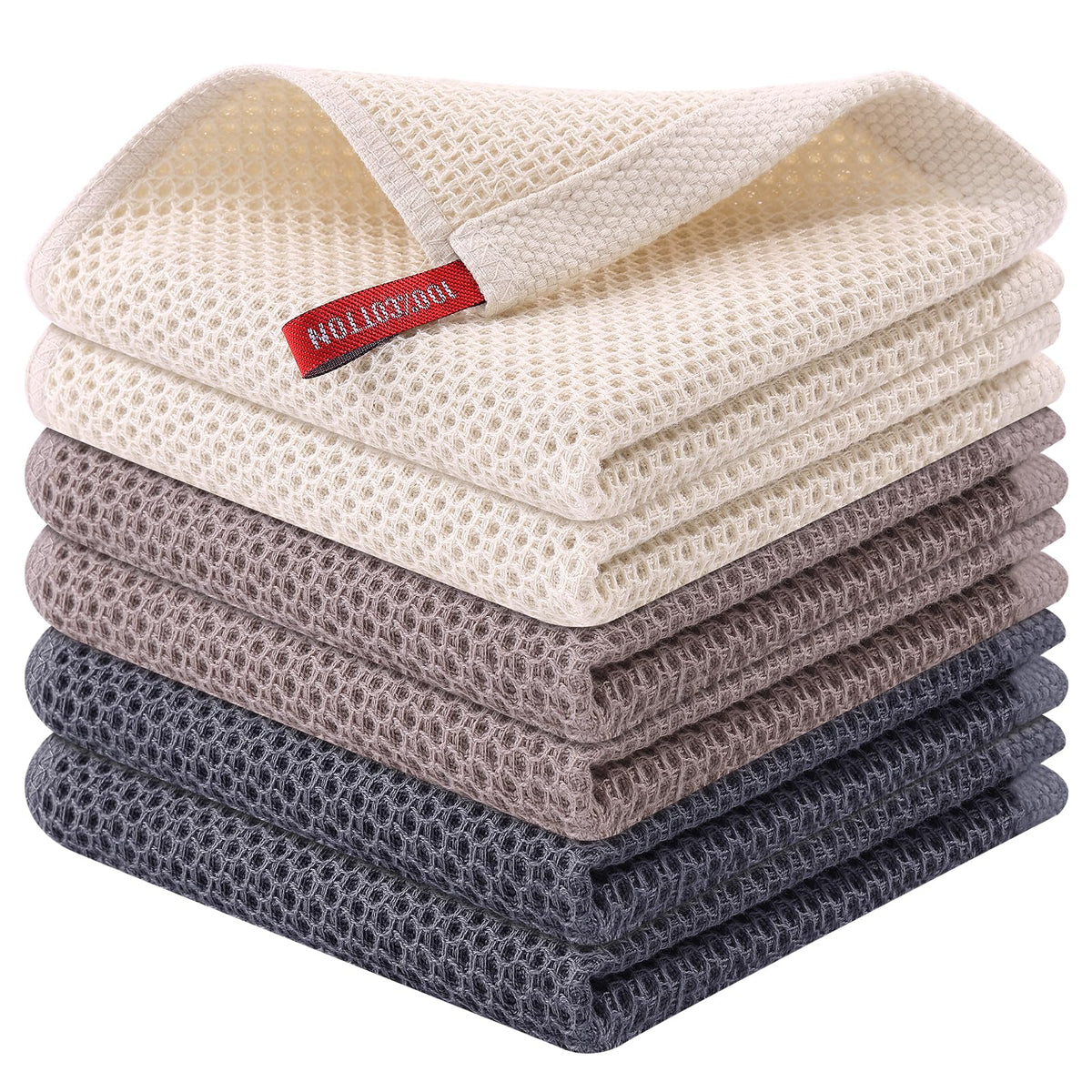 Kitinjoy 100% Cotton Waffle 6-Pack Kitchen Towels, 12" x 12", Dark Grey
