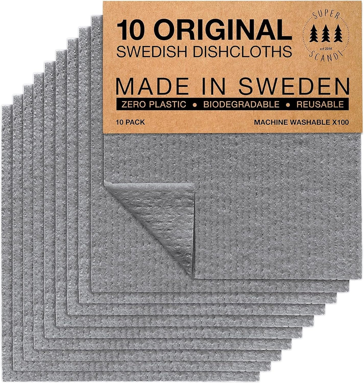 SUPERSCANDI 10 Pack Swedish Dishcloths for Kitchen - 100% Biodegradable & Compostable Reusable Paper Towels Washable, Food-Safe & Without Plastic - Dish Rags Suitable for Any Surface, Grey