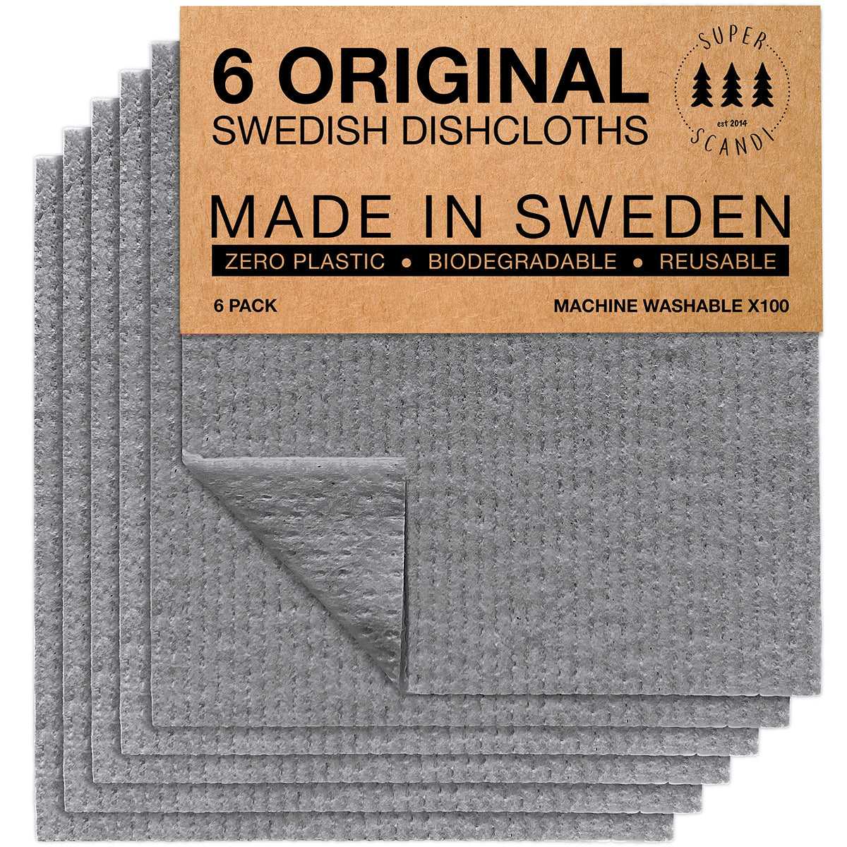 SUPERSCANDI 10 Pack Swedish Dishcloths for Kitchen - 100% Biodegradable & Compostable Reusable Paper Towels Washable, Food-Safe & Without Plastic - Dish Rags Suitable for Any Surface, Grey