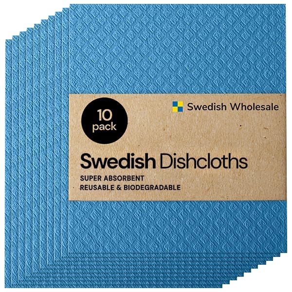Swedish Wholesale Dishcloths Reusable 8" x 7" Sponge Cloths, Bulk 10 Pack of High Absorbent Cellulose Dish & Kitchen Cleaning Hand Towels, Wring to Dry & Machine Wash, Odor Resistant, Grey