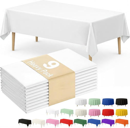 Fixwal 9 Pack Disposable White Rectangle Plastic Tablecloth, 54 x 108 Inch