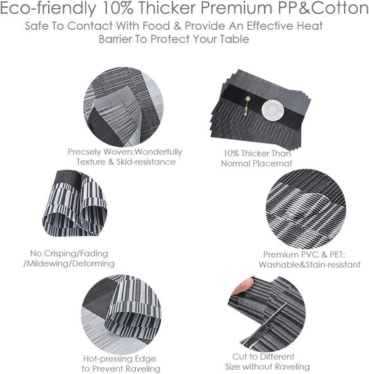 GIVERARE Placemats Set of 4, Heat-Resistant Woven Vinyl Placemat, Non-Slip Washable PVC Table Mat, Easy to Clean Premium Plastic Mats for Dining, Kitchen Table (Black+Gray)