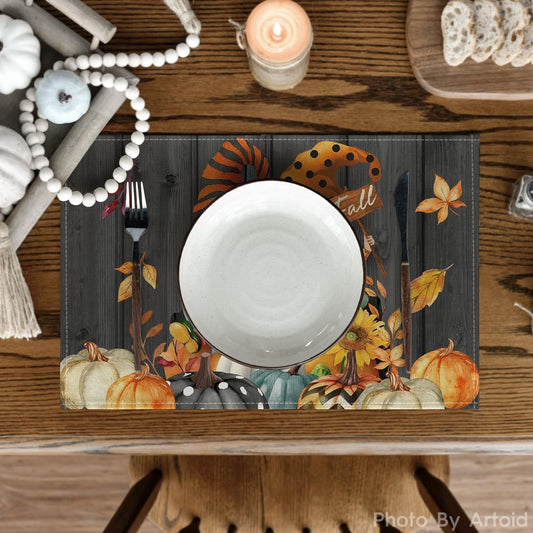 Artoid Mode Gnomes Pumpkins Fall Placemats Set of 4, 12x18 Inch Seasonal Autumn Thanksgiving Table Mats for Party Kitchen Dining Decoration