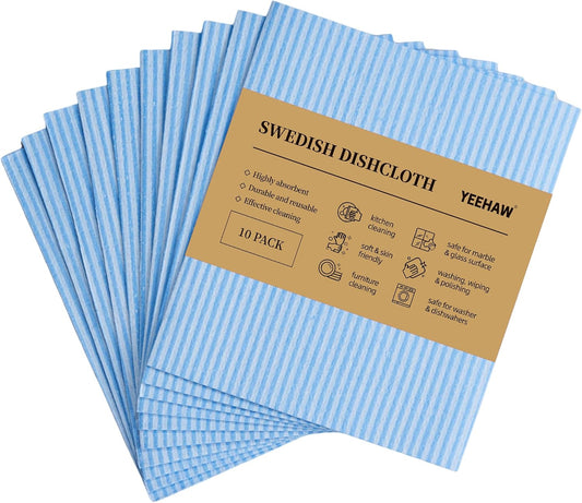 YEEHAW Swedish Dishcloths for Kitchen 10 Pack, Blue Cellulose Sponge Cloths, No Odor Resuable Cleaning Cloths, Super Absorbent Dish Cloth for Kitchen, Bathroom, Glass Surface, Furniture 7"×6"