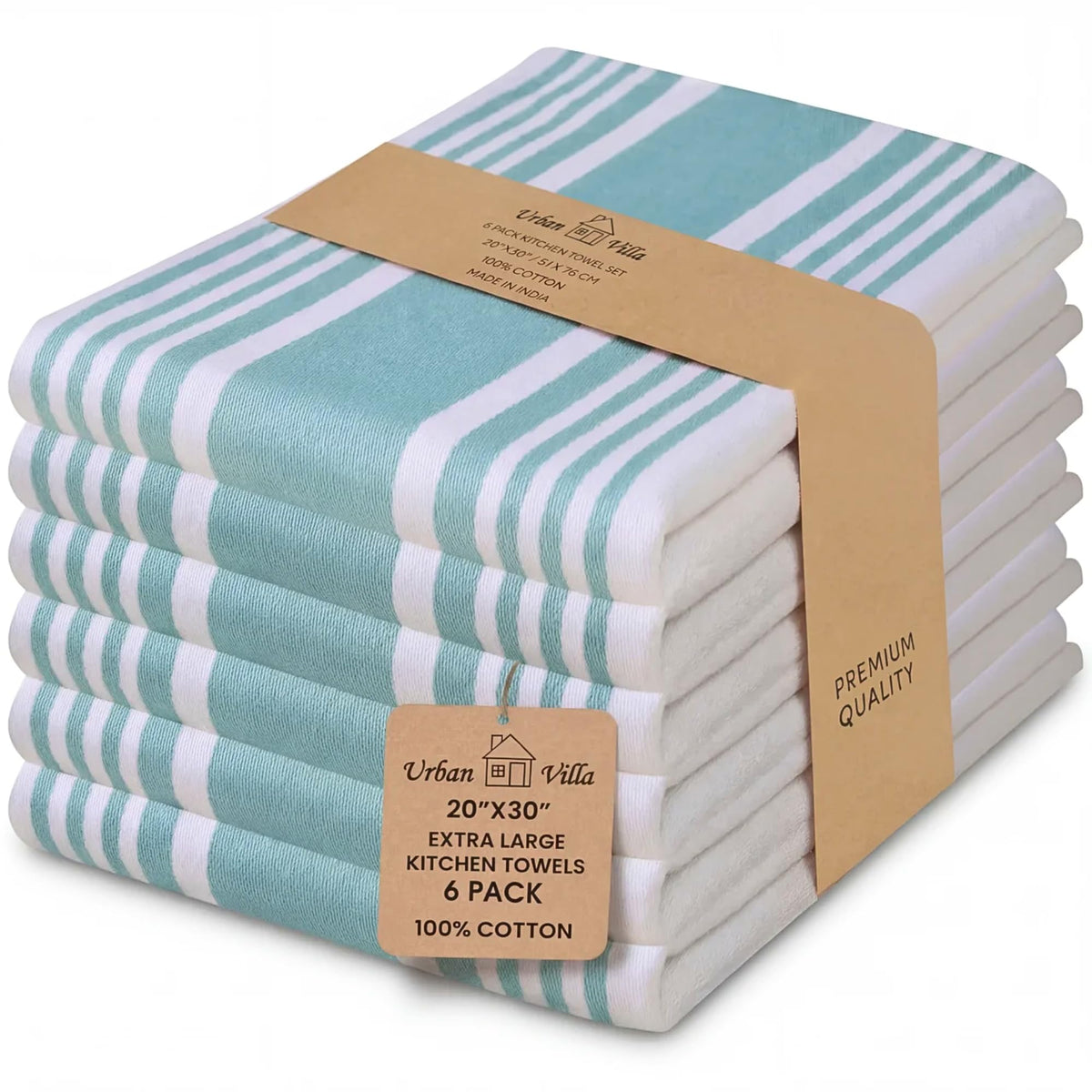 Urban Villa Kitchen Towels 100% Cotton Dish Towels for Kitchen (Set of 6) 20”x30” Dish Cloths Highly Absorbent Kitchen Linen Set with Hanging Loop Perfect for Drying Dishes Cleaning Towels-Blue White