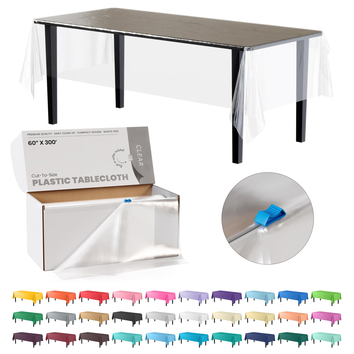 Party Solids 54 Inch X 300 Feet White Plastic Table Cover Roll in A Cut - to - Size Box with Convenient Slide Cutter. Cuts Up to 36 Rectangle 8 Feet Plastic Disposable Tablecloths
