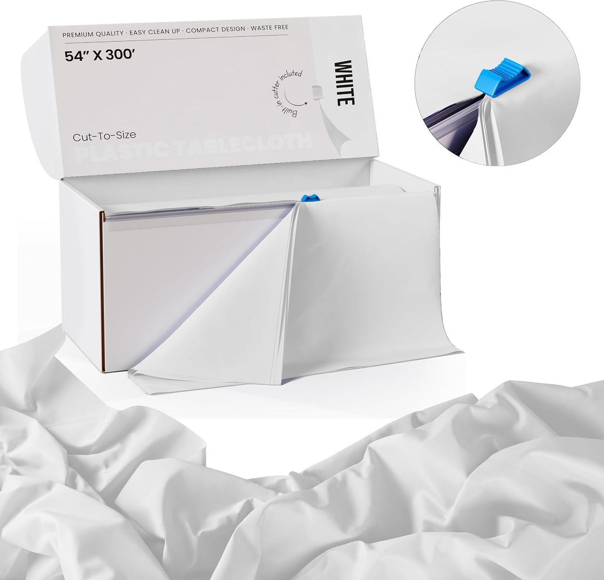 Party Solids 54 Inch X 300 Feet White Plastic Table Cover Roll in A Cut - to - Size Box with Convenient Slide Cutter. Cuts Up to 36 Rectangle 8 Feet Plastic Disposable Tablecloths