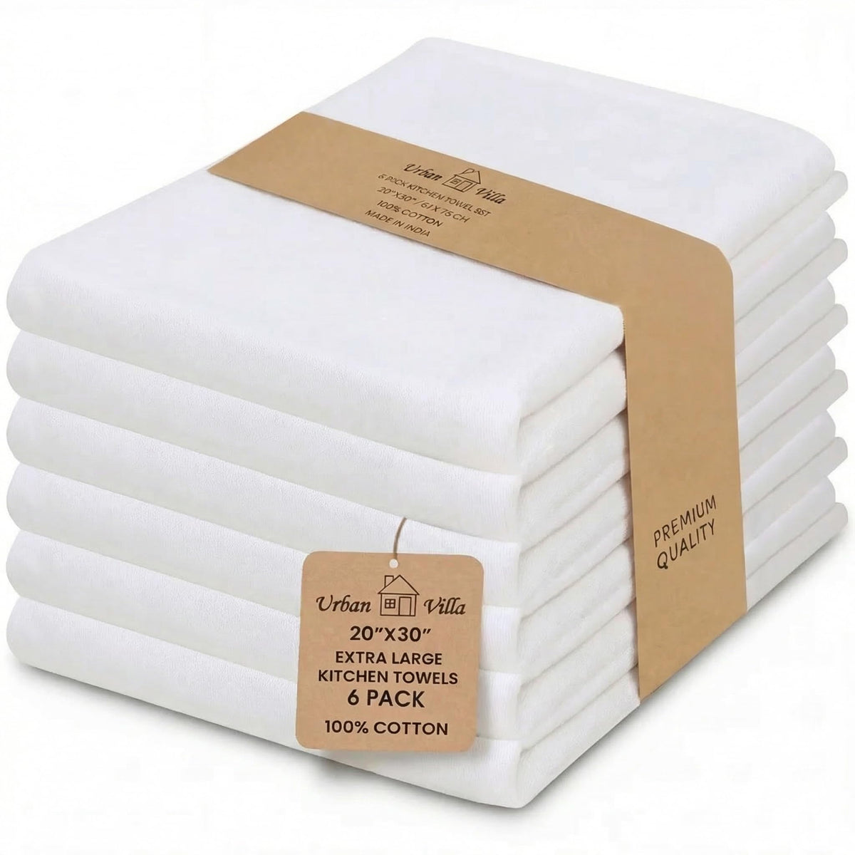 Urban Villa Kitchen Towels 100% Cotton Dish Towels for Kitchen (Set of 6) 20”x30” Dish Cloths Highly Absorbent Kitchen Linen Set with Hanging Loop Perfect for Drying Dishes Cleaning Towels-Blue White