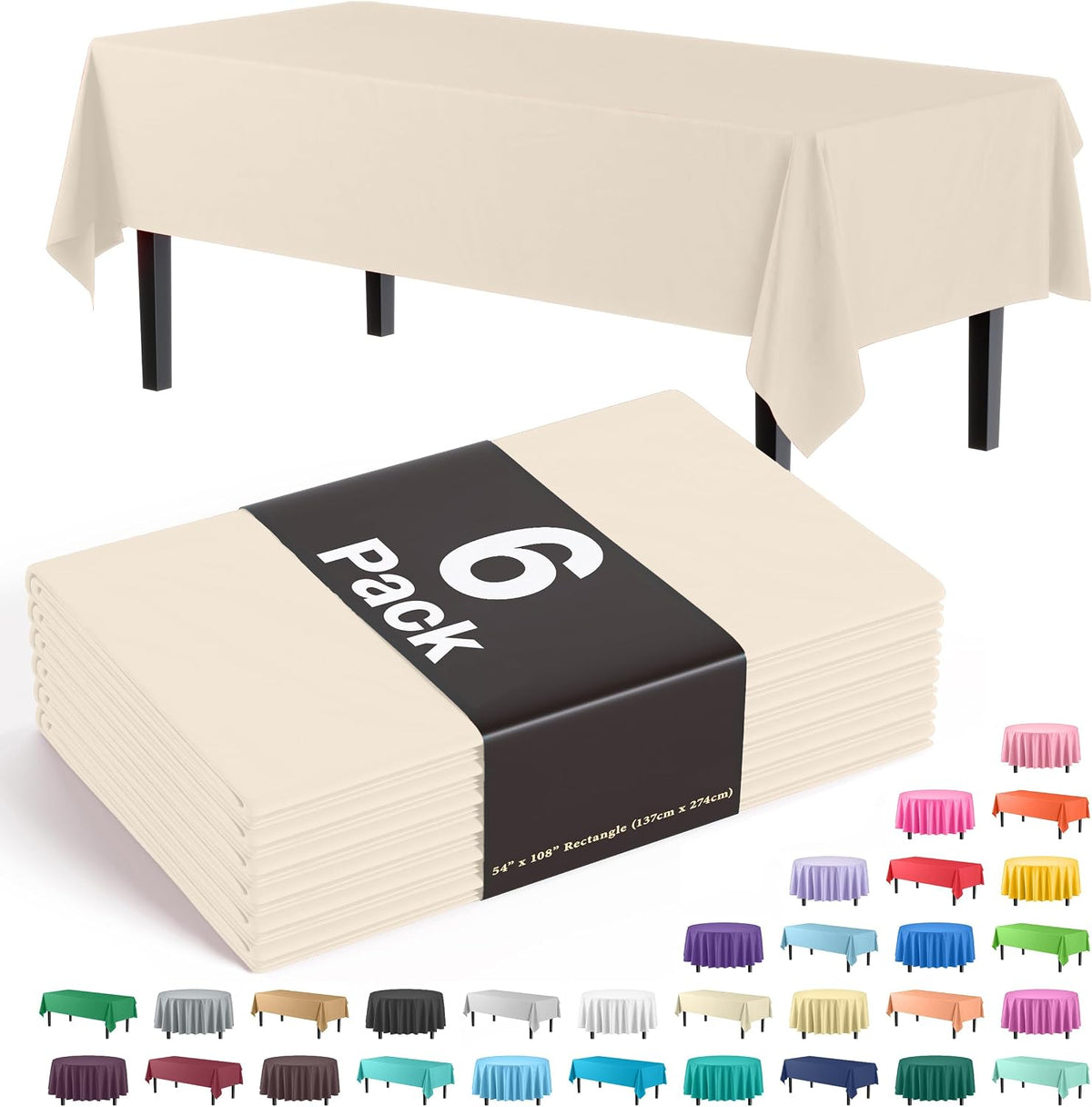 Exquisite Ivory Plastic Table Cloth Disposable 6 Pack - 54 x 108 Inch Rectangle Tablecloth for 6 Foot Tables - Waterproof Table Cover for Party Wedding Birthday Graduation BBQ Catering
