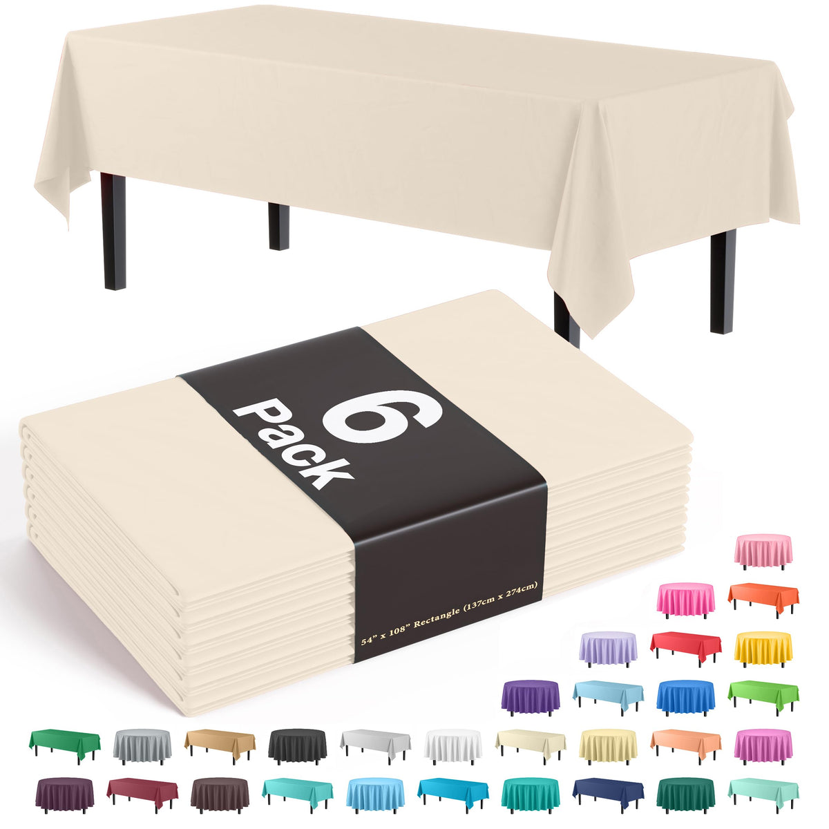 Exquisite Ivory Plastic Table Cloth Disposable 6 Pack - 54 x 108 Inch Rectangle Tablecloth for 6 Foot Tables - Waterproof Table Cover for Party Wedding Birthday Graduation BBQ Catering